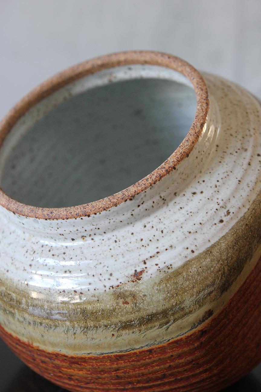 Signed Glazed Stoneware Flat Side Vase For Sale 1