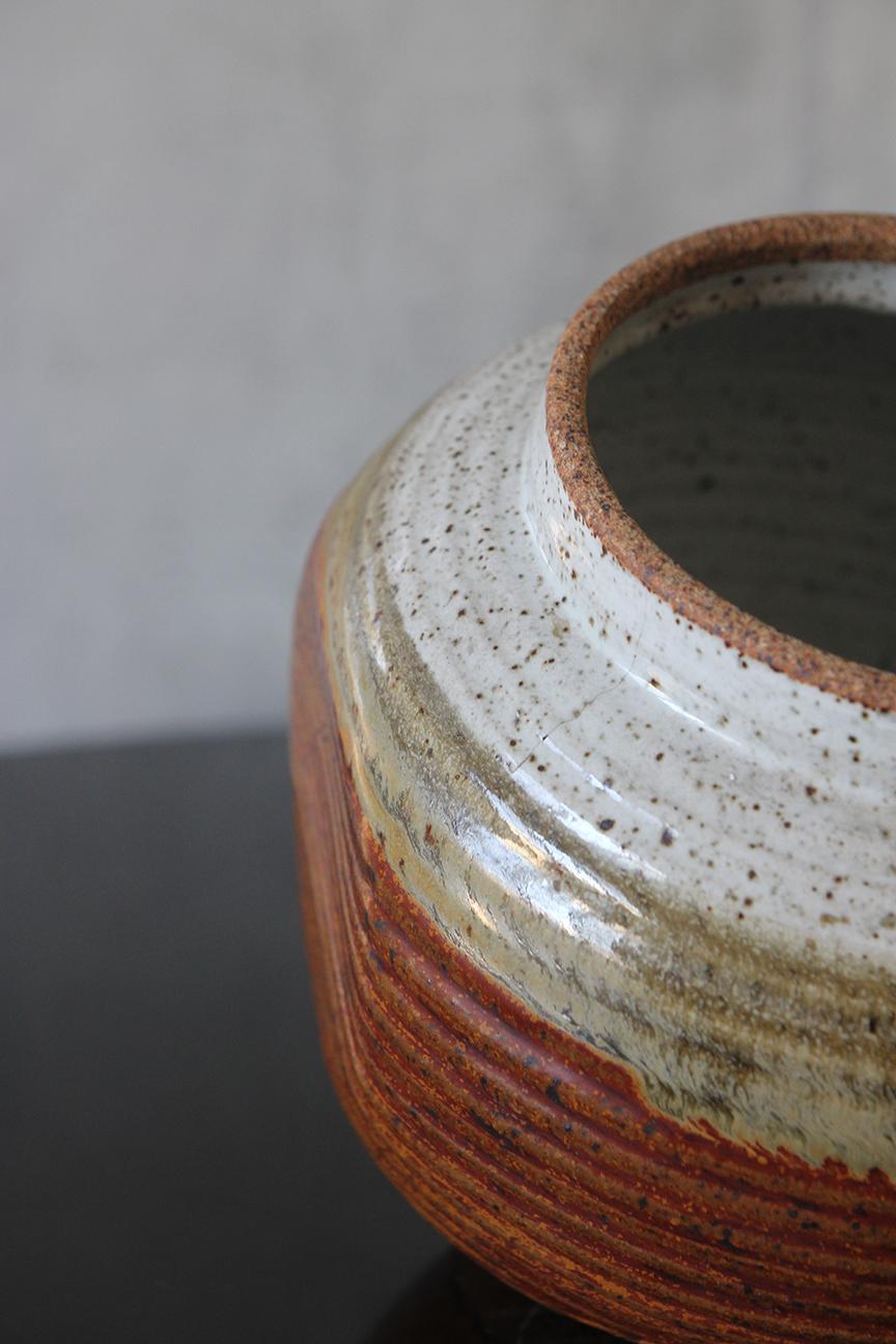 Signed Glazed Stoneware Flat Side Vase For Sale 2