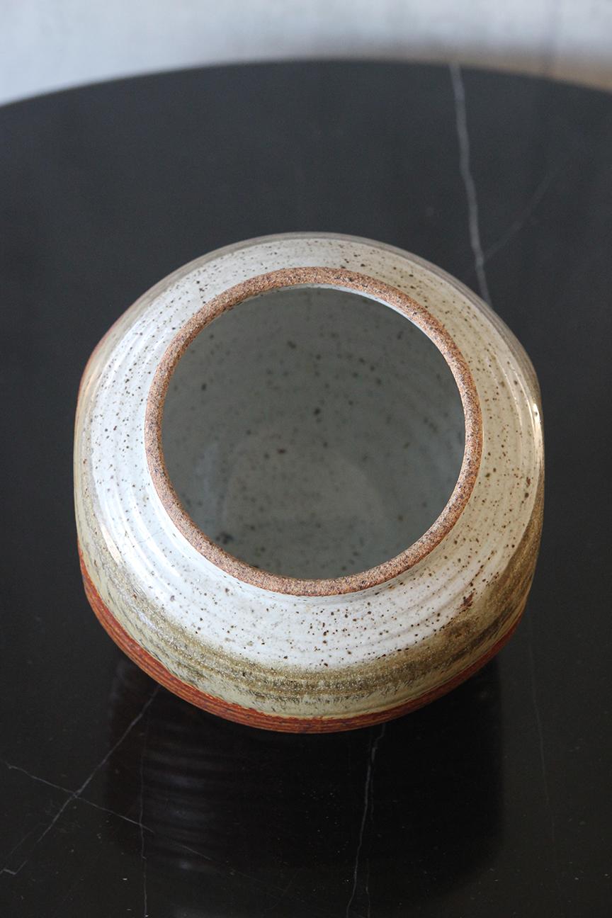 Signed Glazed Stoneware Flat Side Vase For Sale 3