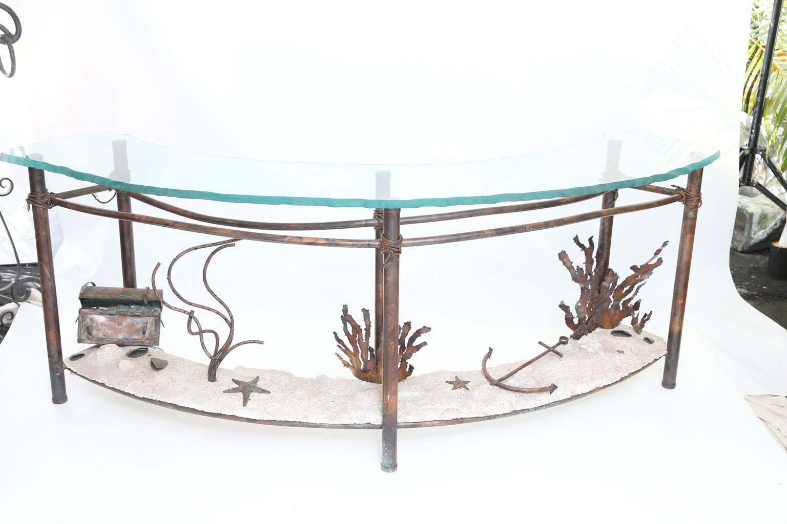 American Signed Glen Mayo Sculptural Undersea Console Table of Copper For Sale