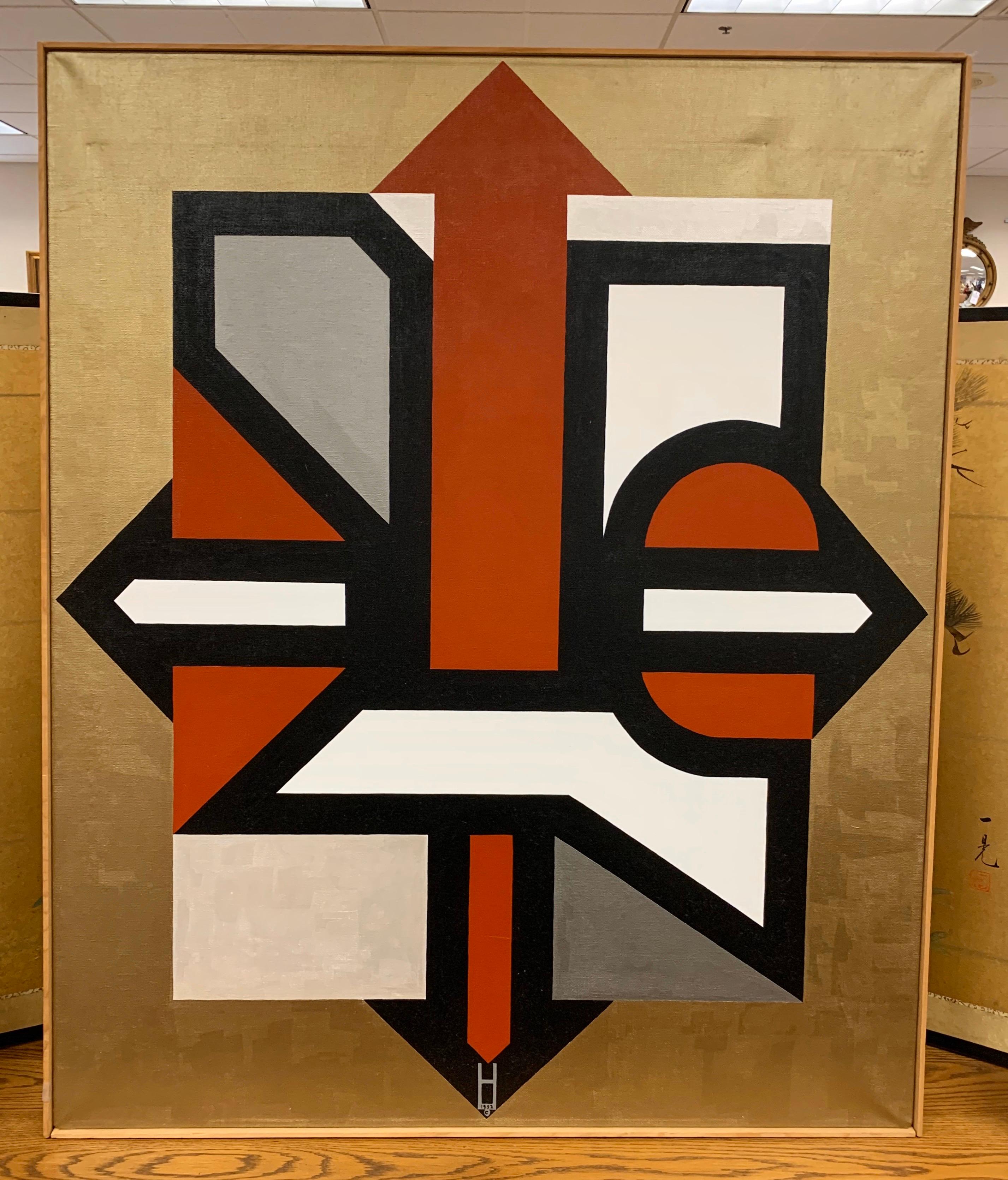 But with that coveted Mid-Century Modern look, this signed abstract painting
is signed by the artist with the symbol as shown at bottom of painting, circa 1990s. Dated 1992.