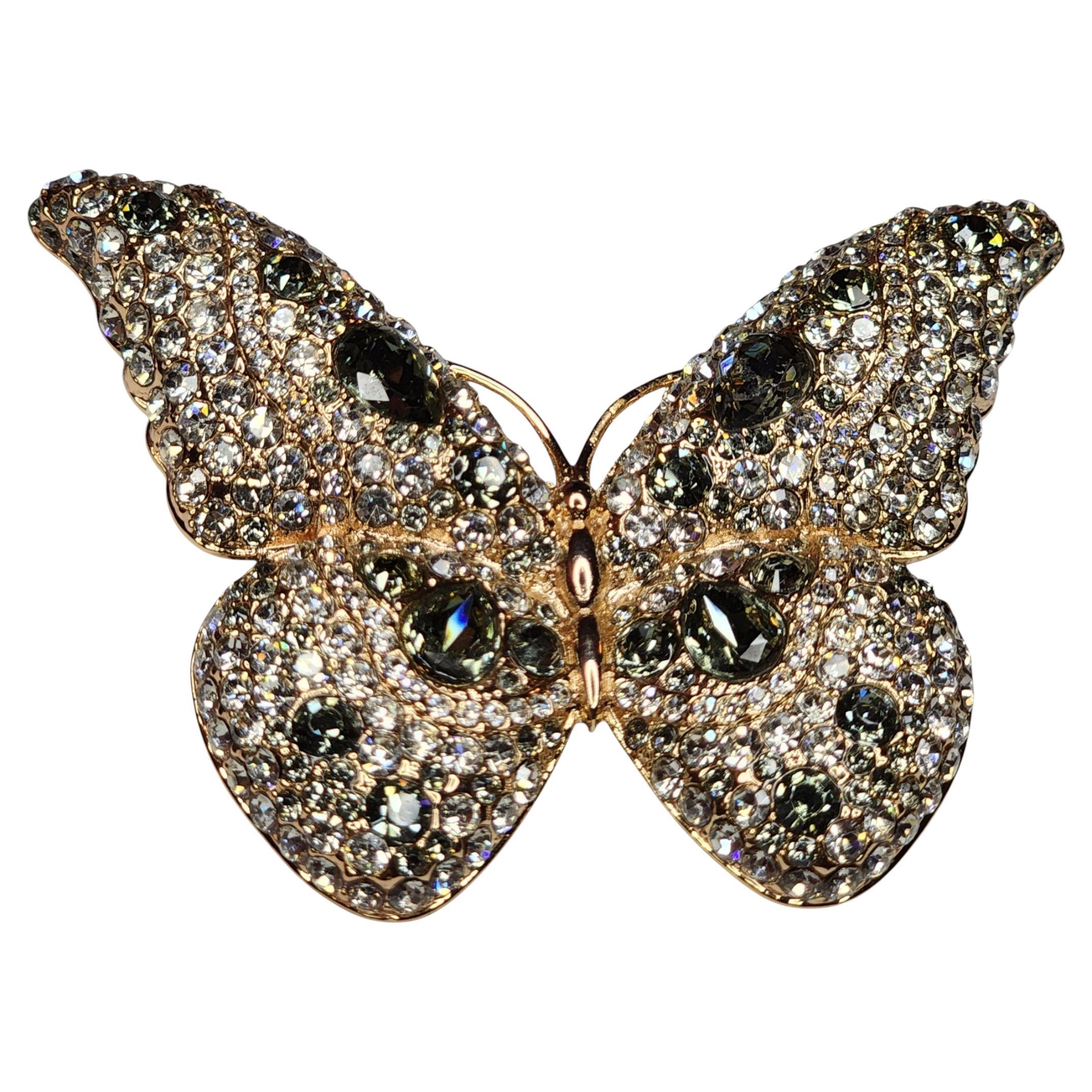 Signed Gold Tone Crystal Butterfly Brooch with Clear and Smoke Stones, 1990s