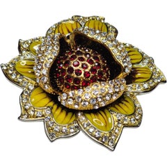 Signed Gold Tone Enamel and Rhinestone Flower Brooch, Red Crystal Center, 1980s