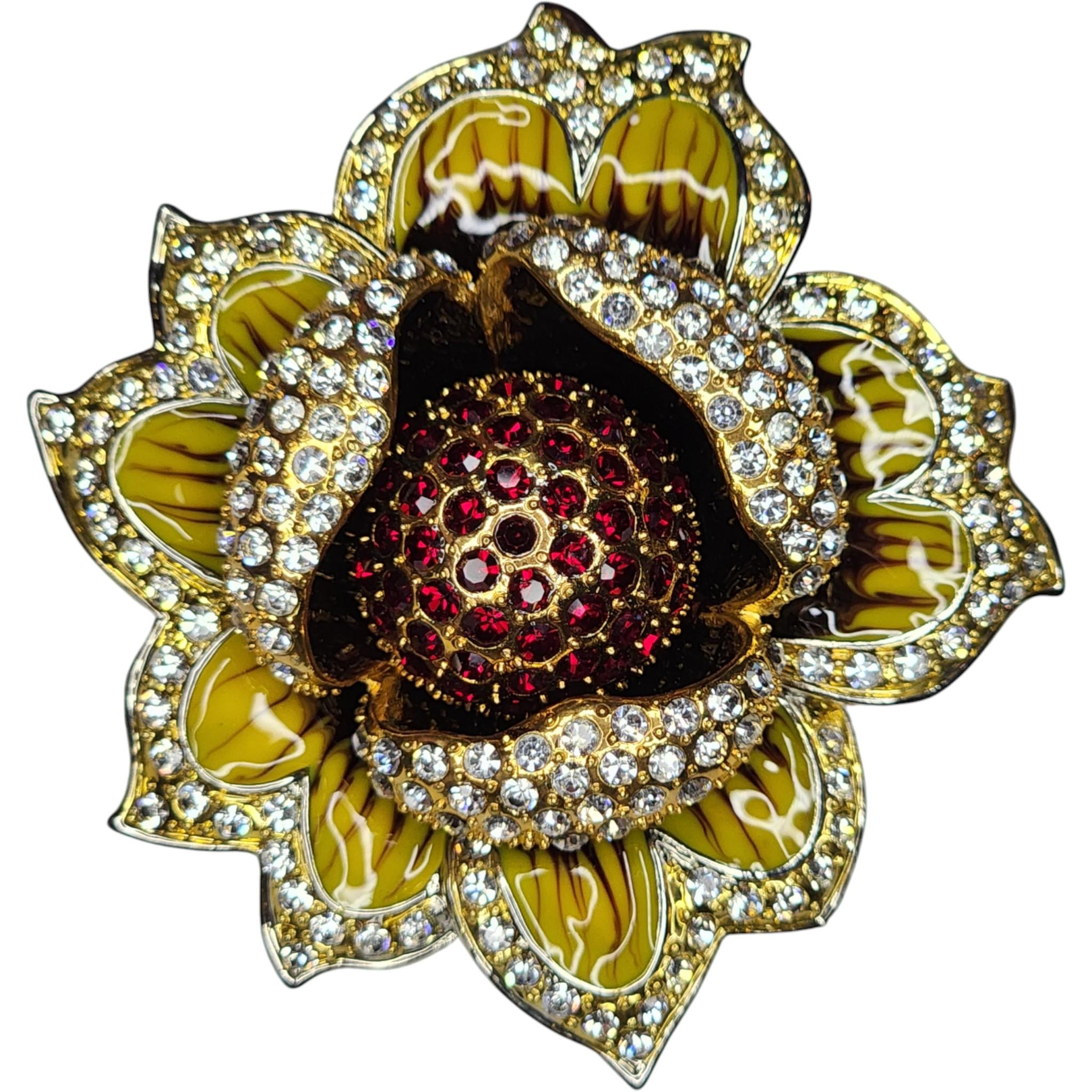 Signed Gold Tone Enamel and Rhinestone Flower Brooch, Red Crystal Center, 1980s