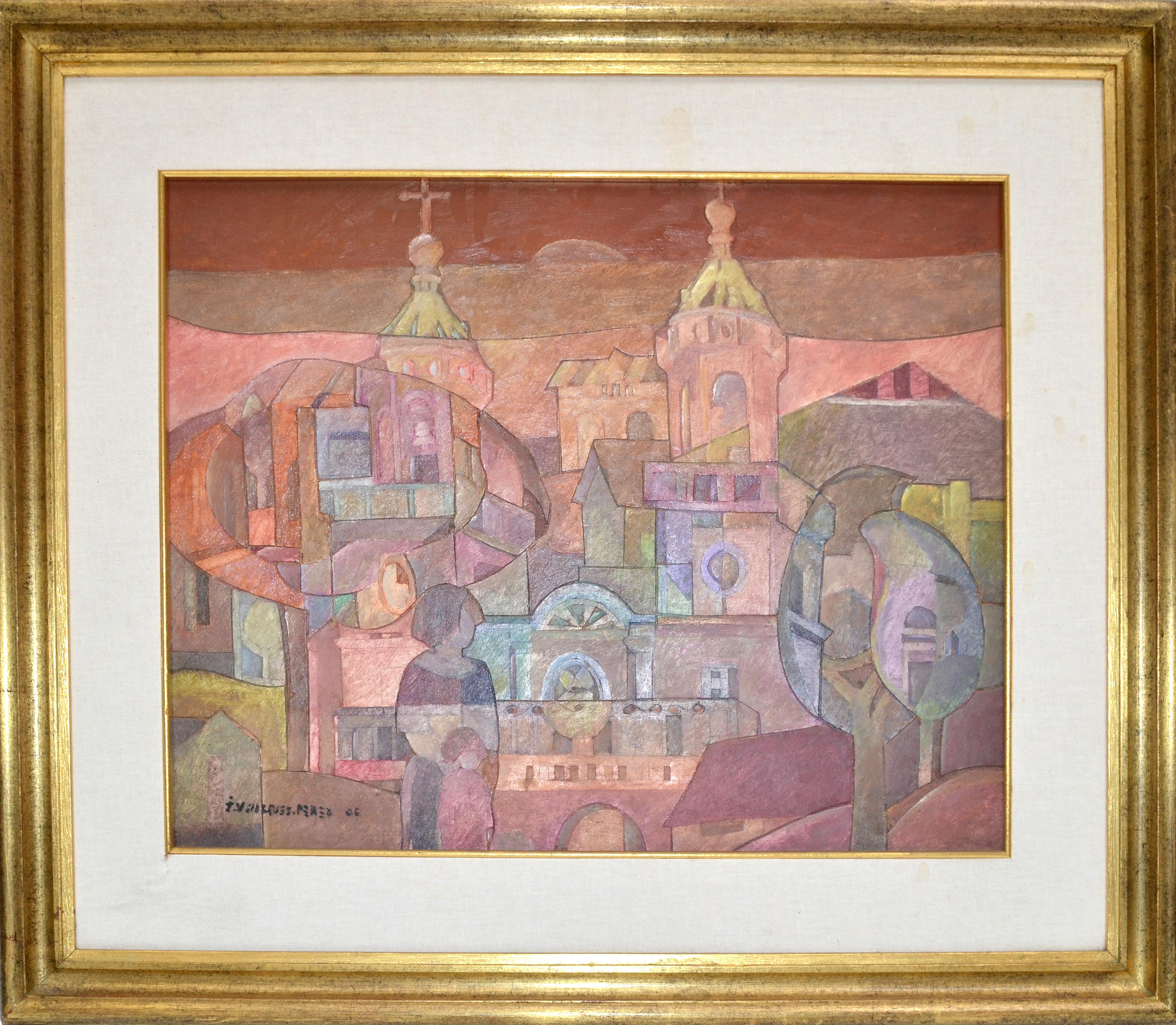 Contemporary Fine Art by well-known South American Artist Cityscape painting, wall art. 
Signed and dated by the Artist, made in 2006.
Comes with a golden wood frame. 
Art work size: 19 x 15 inches.