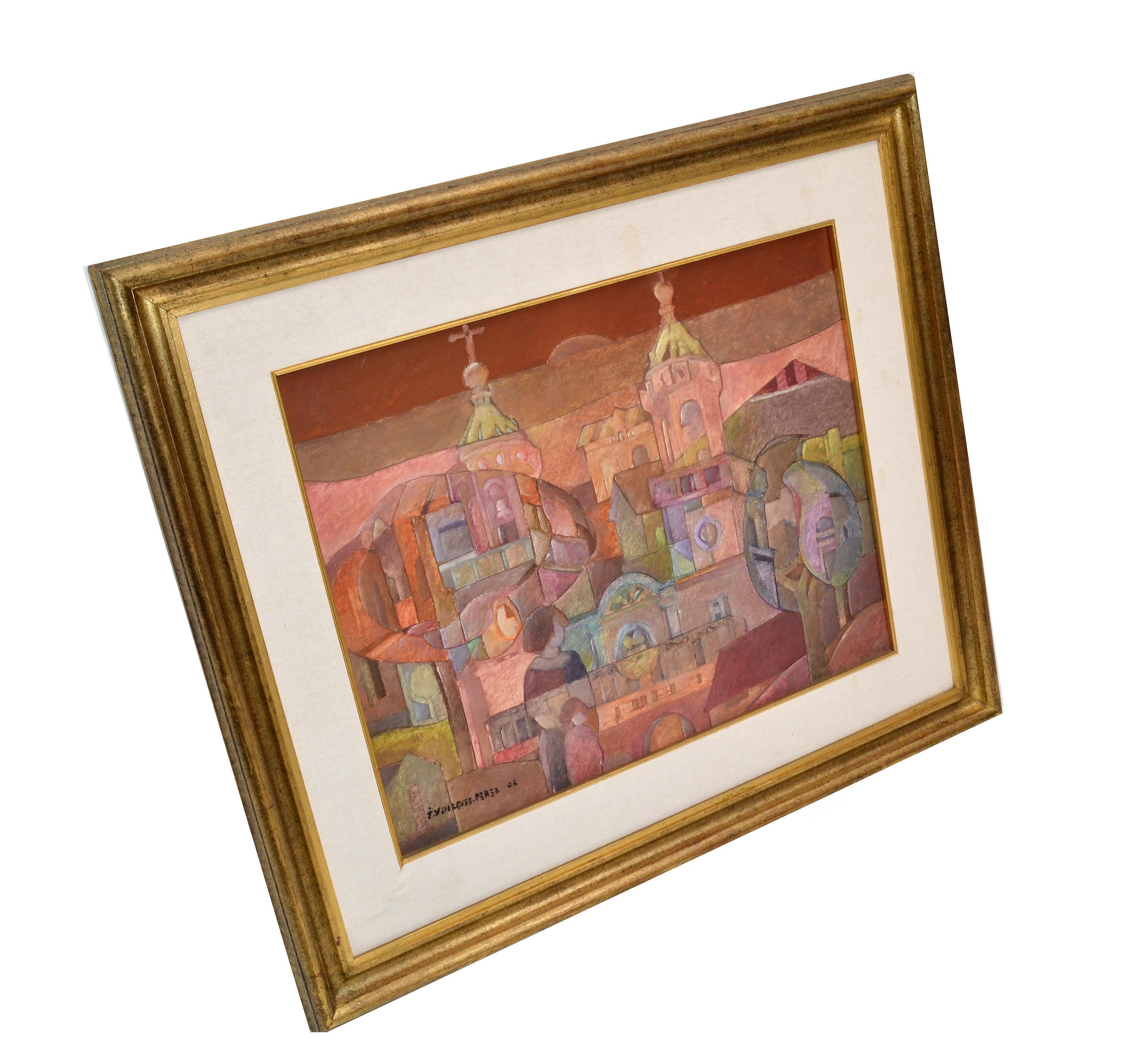 Hand-Painted Signed Golden Framed South American Art Well-Known Uruguay Artist Painting 2006 For Sale