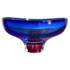 Signed Göran Wärff Kosta Boda Cobalt Blue & Ruby Art Glass Centerpiece Bowl