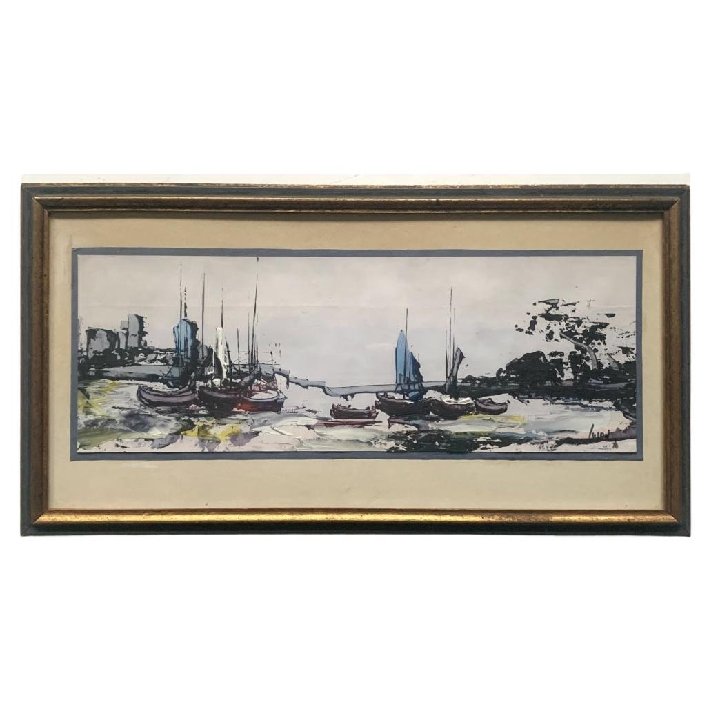 Signierte Gouache- und Aquarellfarbe auf Papier mit Bay-Szene