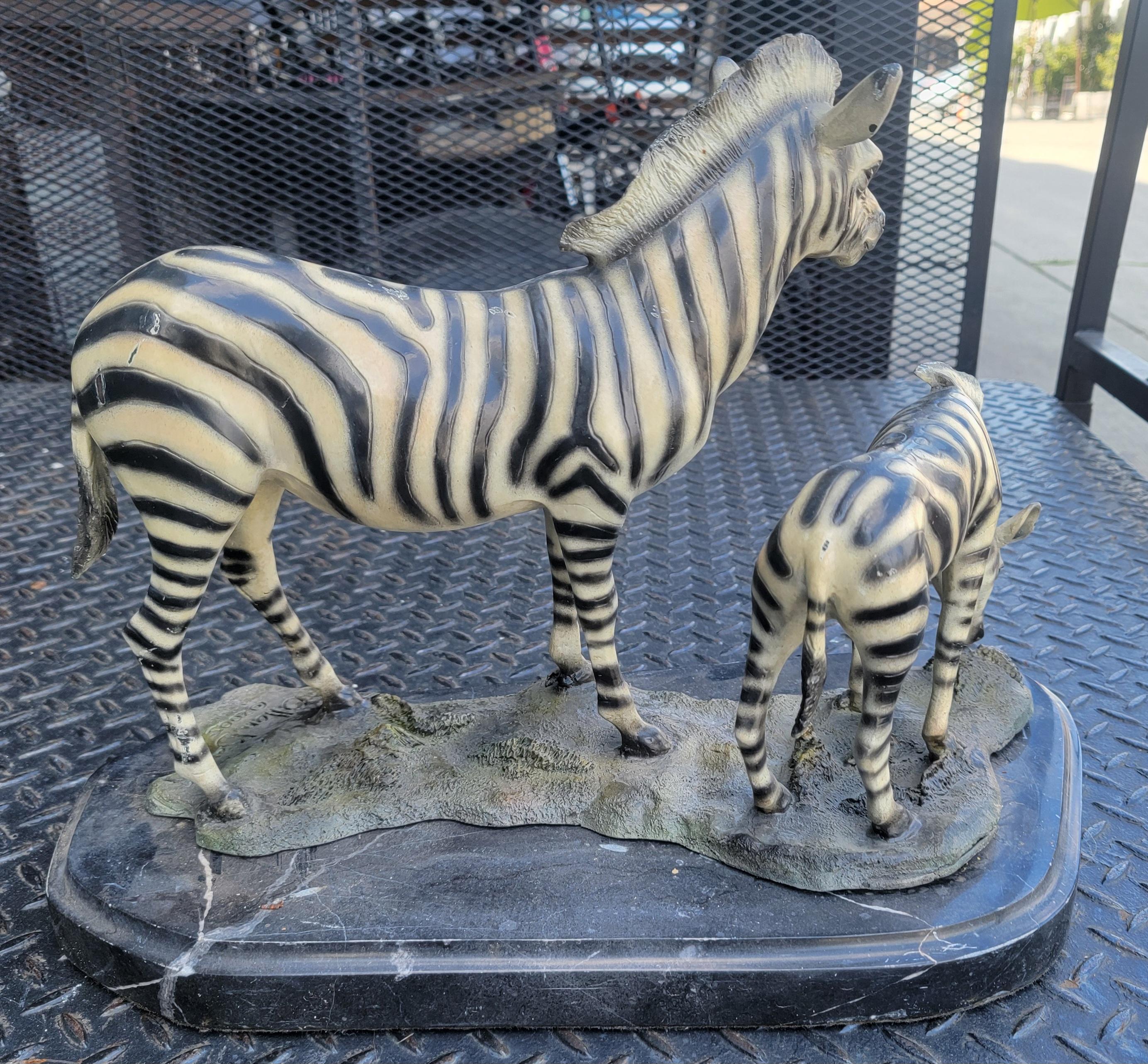 American Signed Grazing Zebra Sculpture with Marble Base For Sale