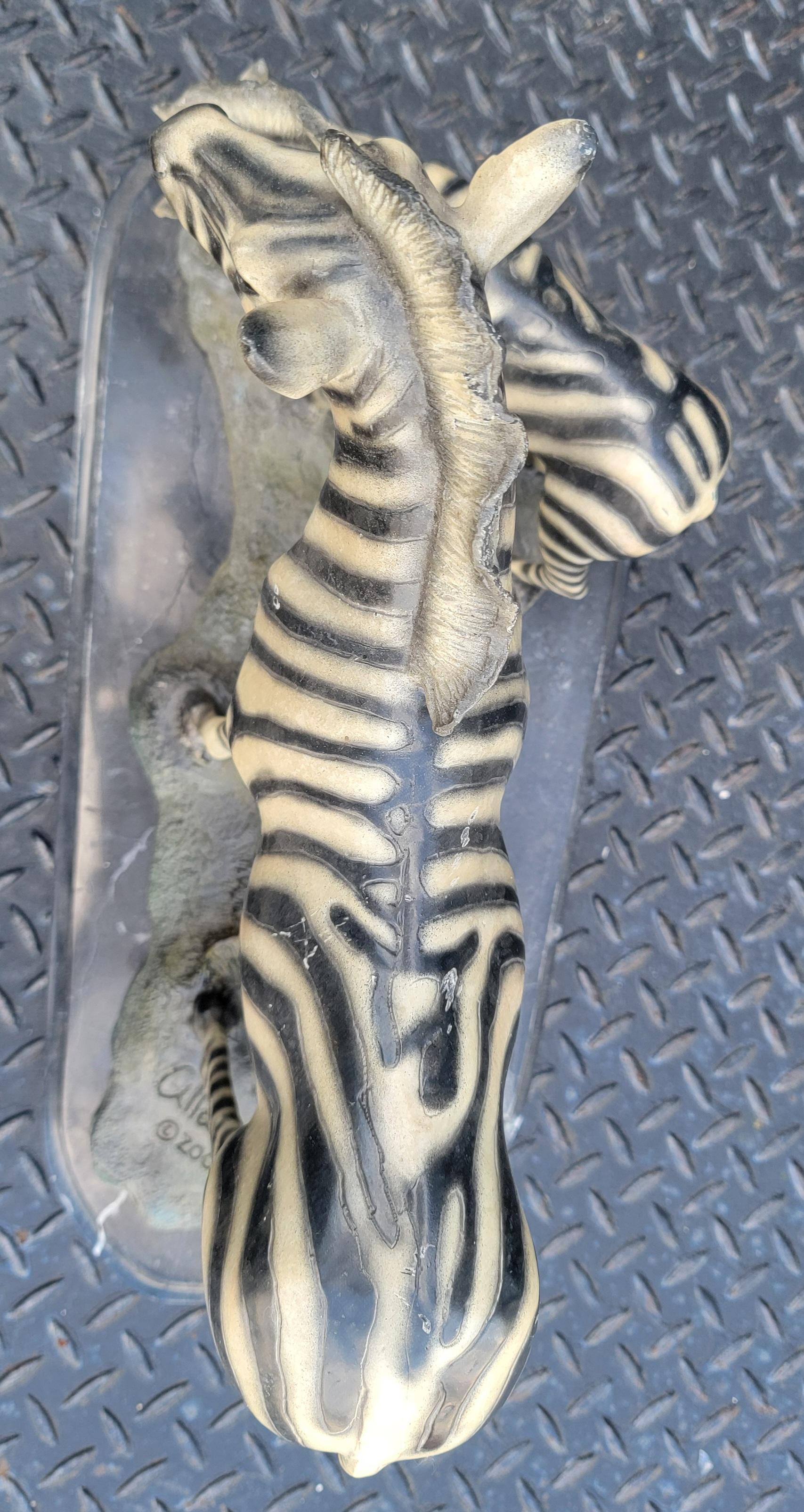Painted Signed Grazing Zebra Sculpture with Marble Base For Sale