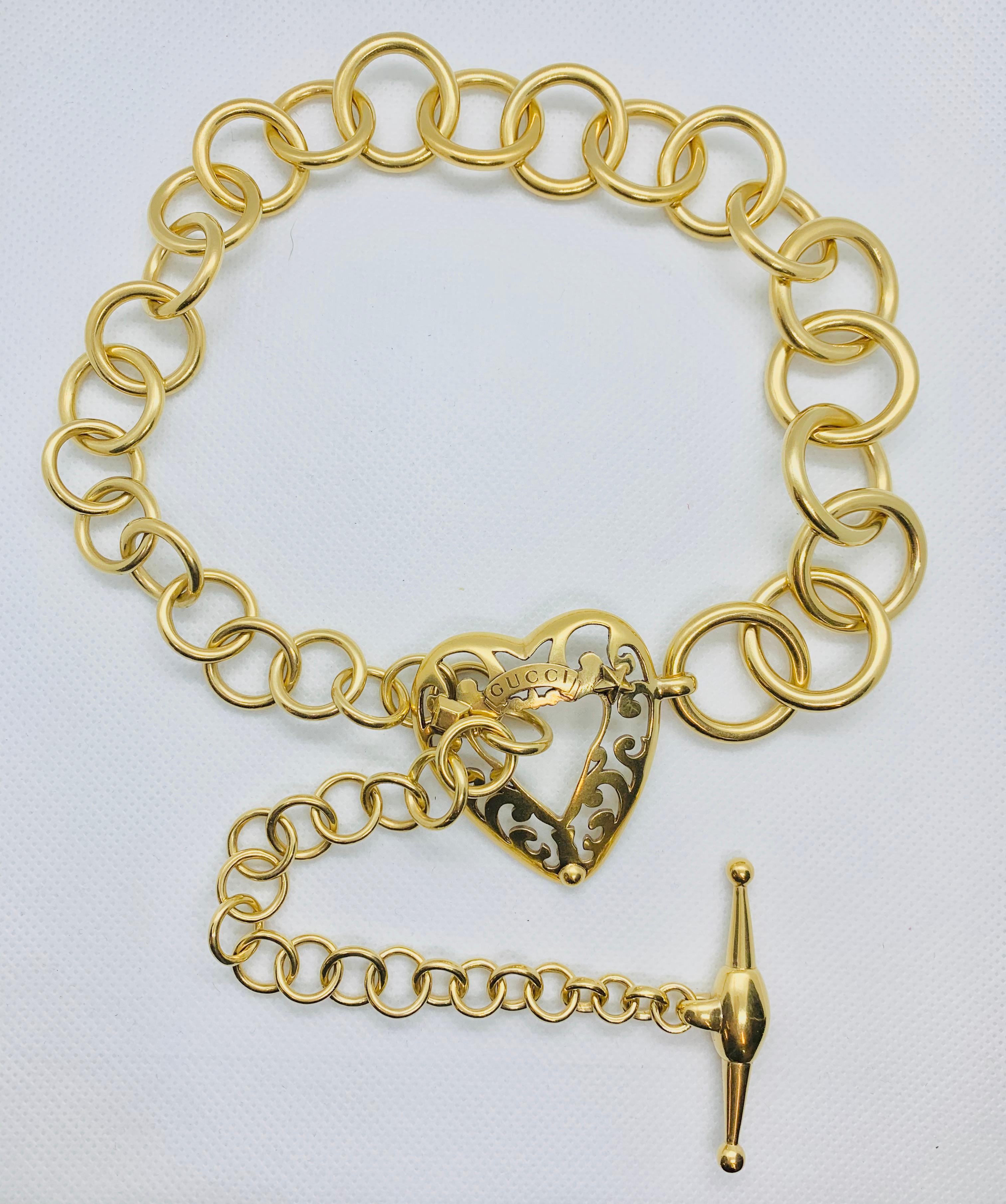 Signed Gucci 18 Karat Gold Link Toggle Necklace with Heart Shaped ...
