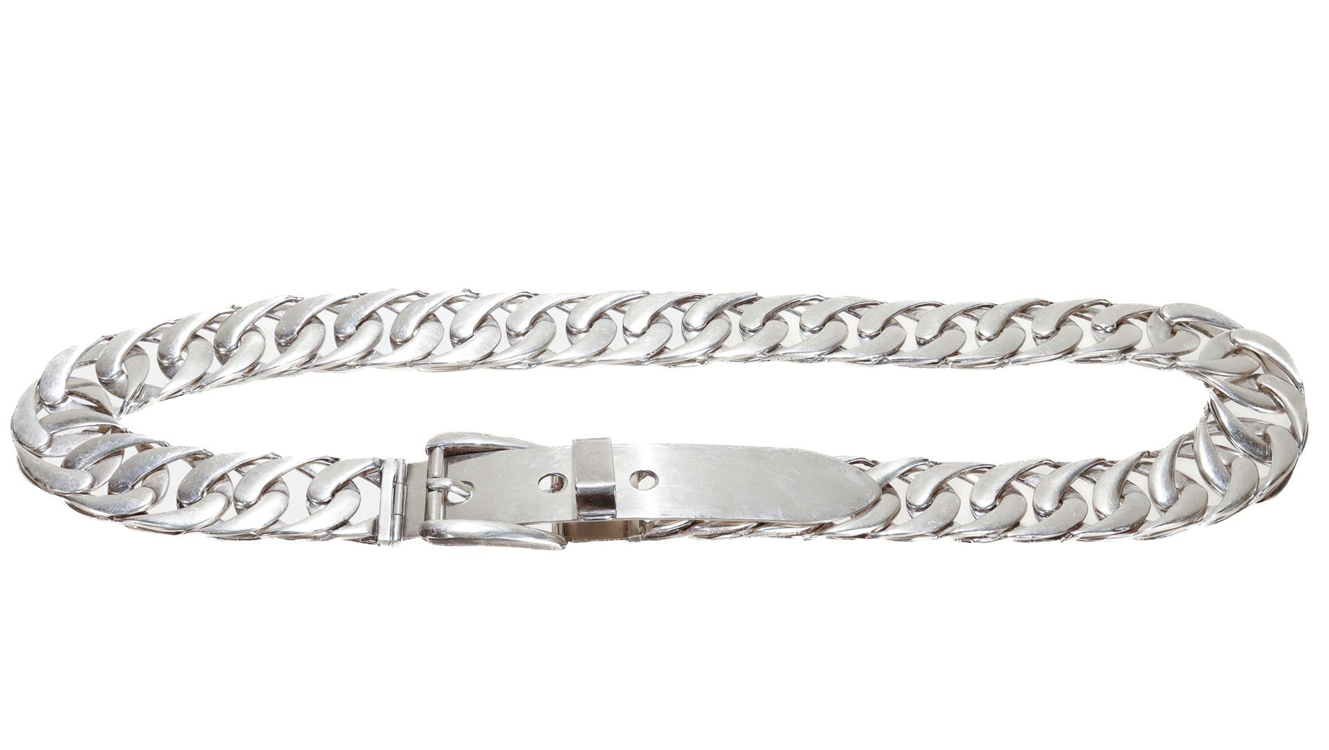 Modern Signed Gucci Silver Plated Cuban Chain Link 70cm Belt For Sale