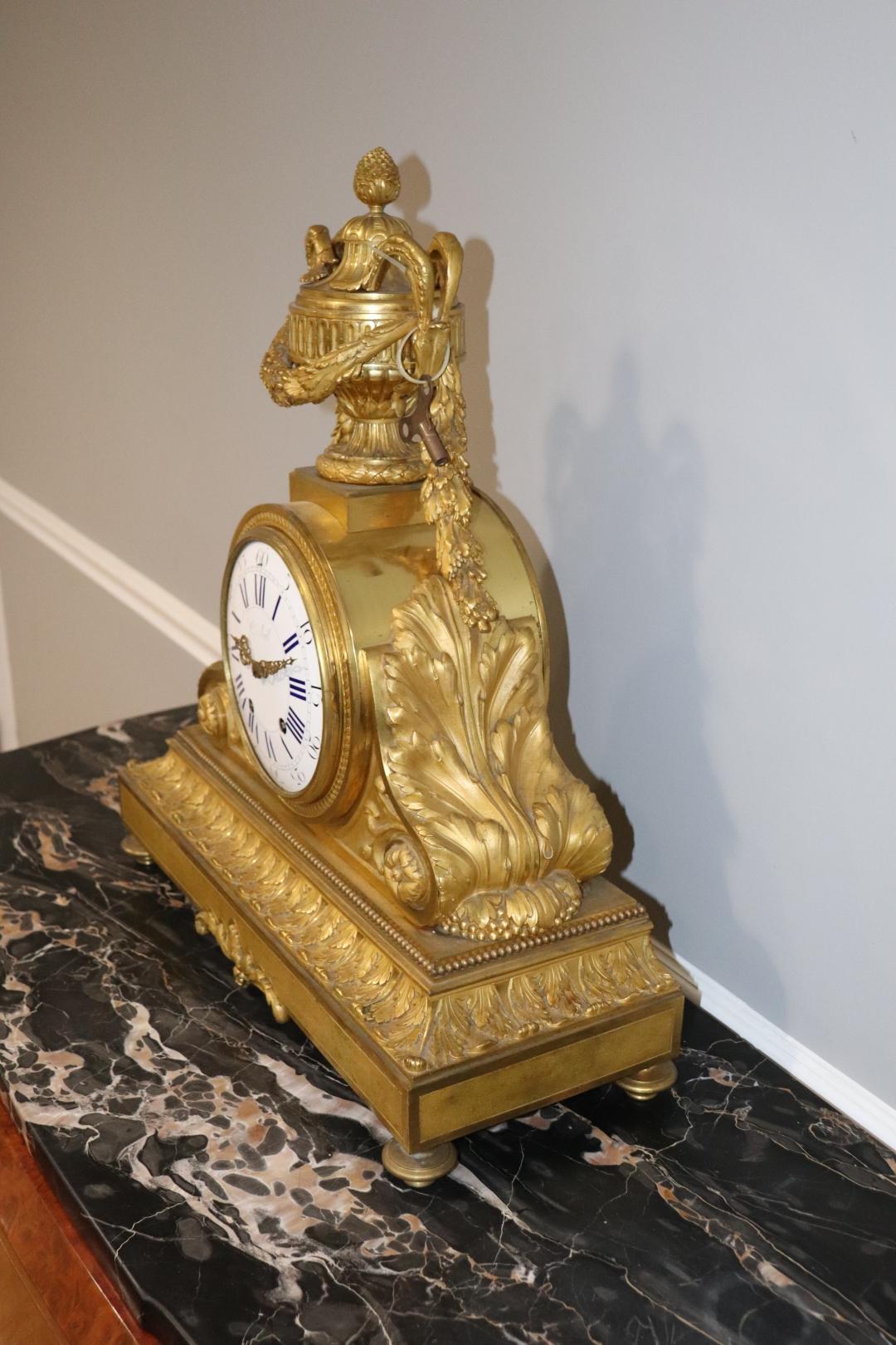 Signed Guibal Solid Bronze French Louis XV Style Mantle Clock In Good Condition For Sale In Swedesboro, NJ