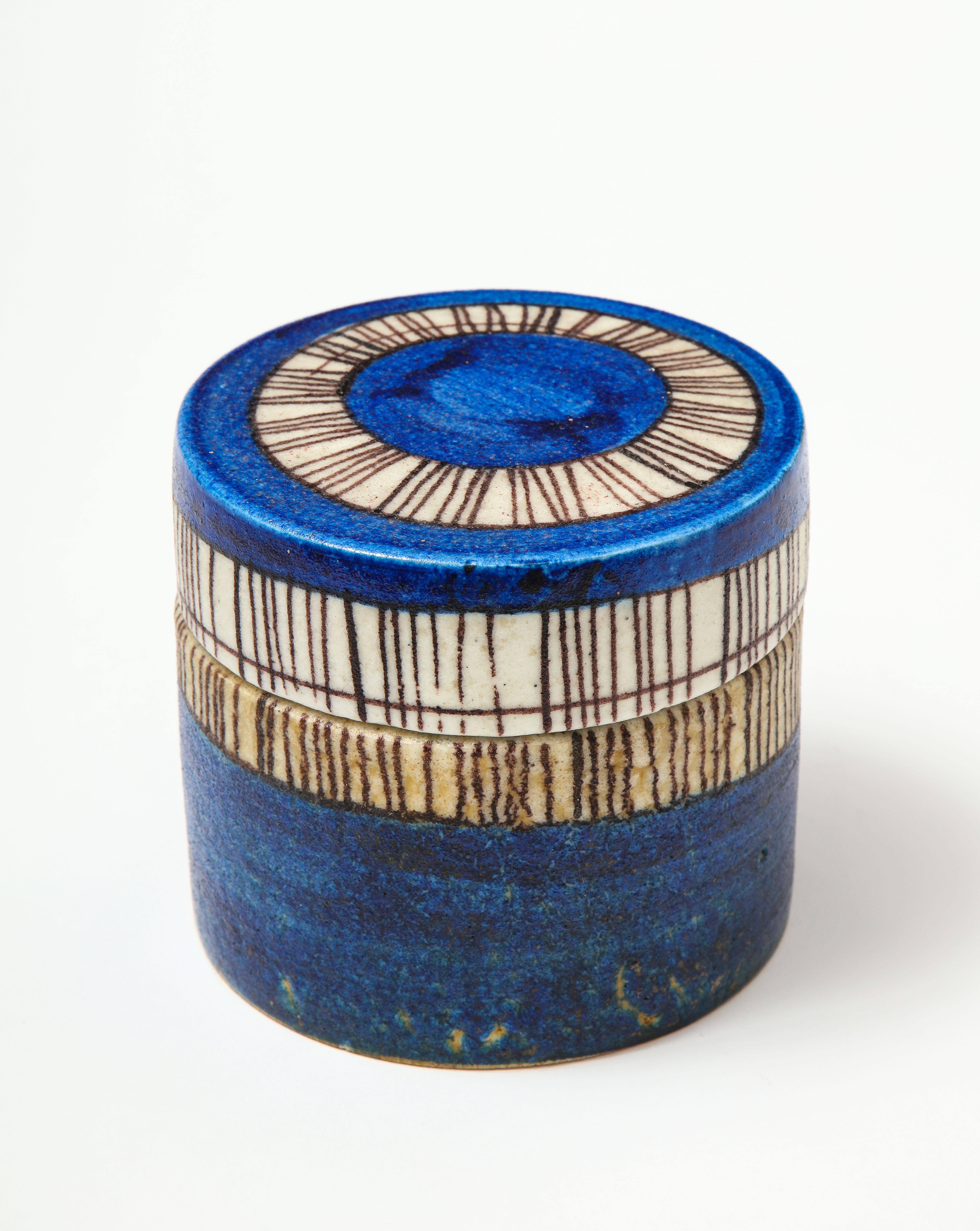 Signed ceramic vessel in cobalt blue and bone glaze, Guido Gambone, Italy, circa 1950.