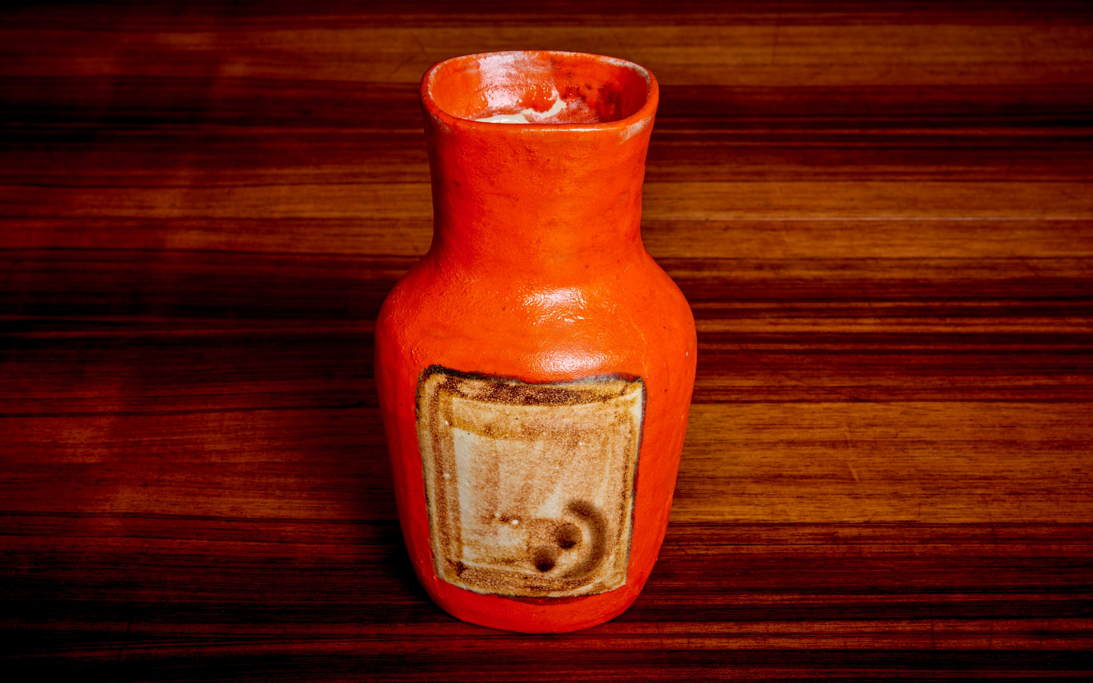 Italian Signed Guido Gambone Ceramic Vase in Orange, Italy, 1950s For Sale