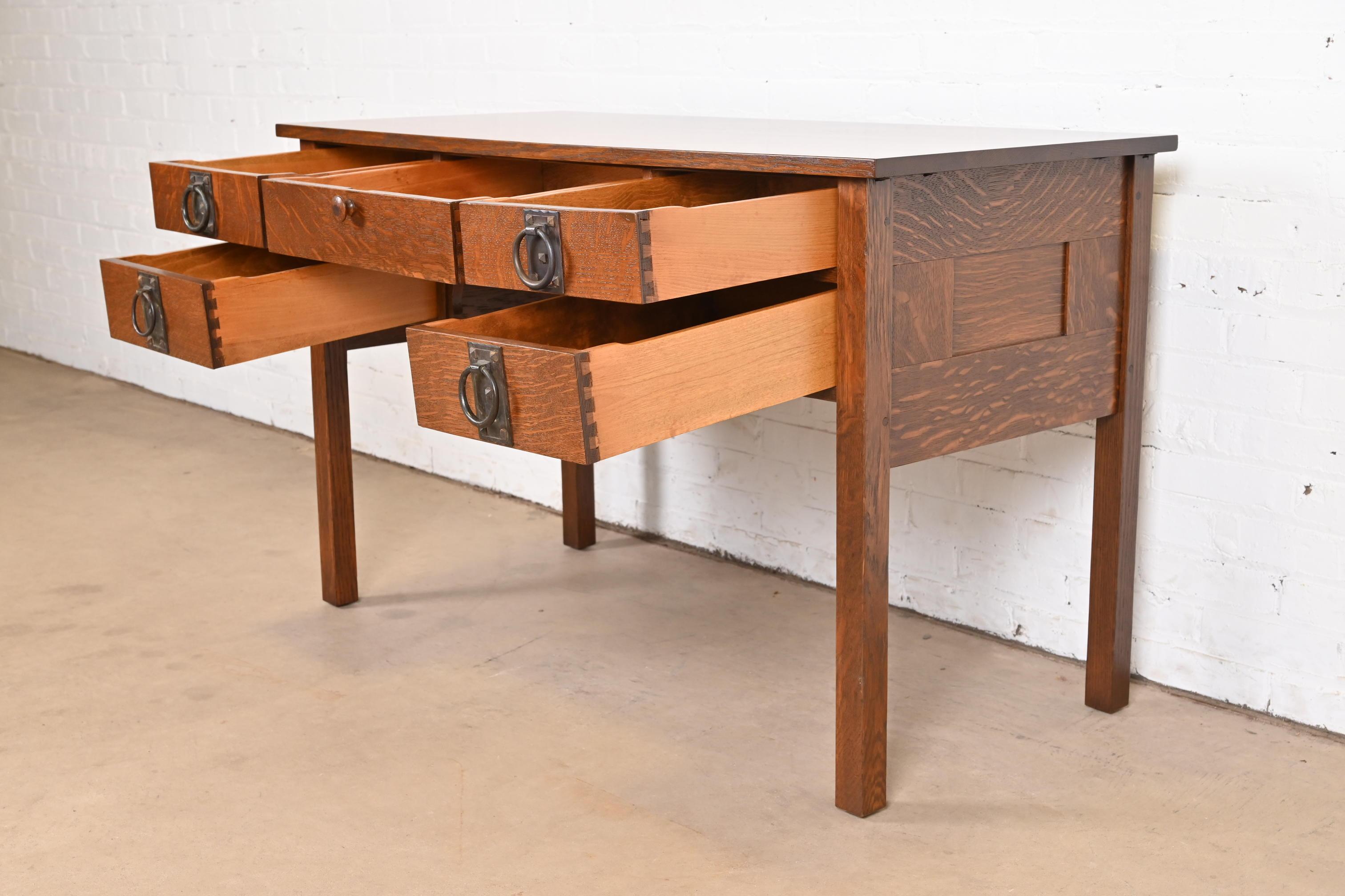 Copper Signed Gustav Stickley Antique Mission Oak Arts & Crafts Desk, Newly Restored For Sale