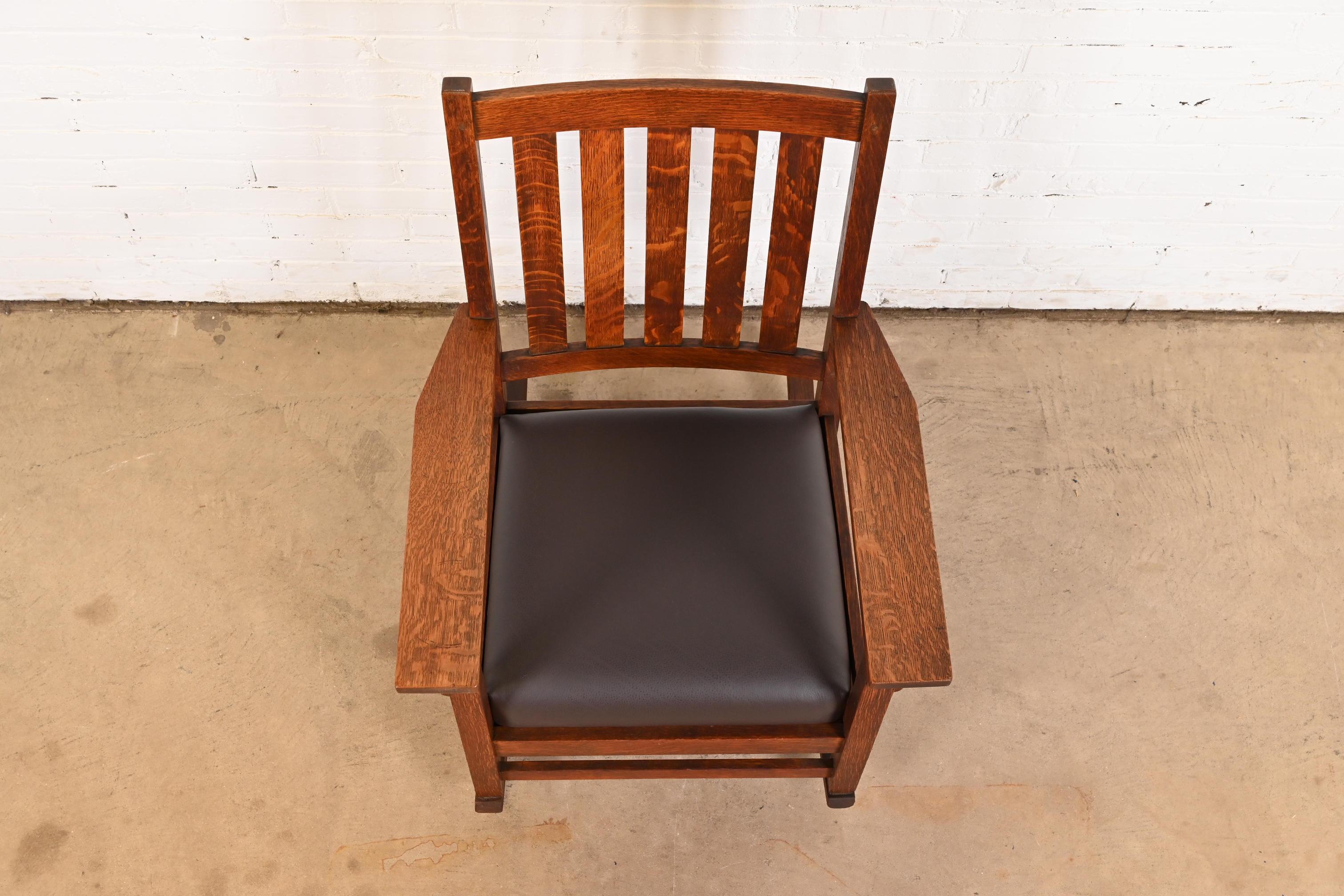 Leather Signed Gustav Stickley Mission Oak Arts & Crafts Rocking Chair, Circa 1900