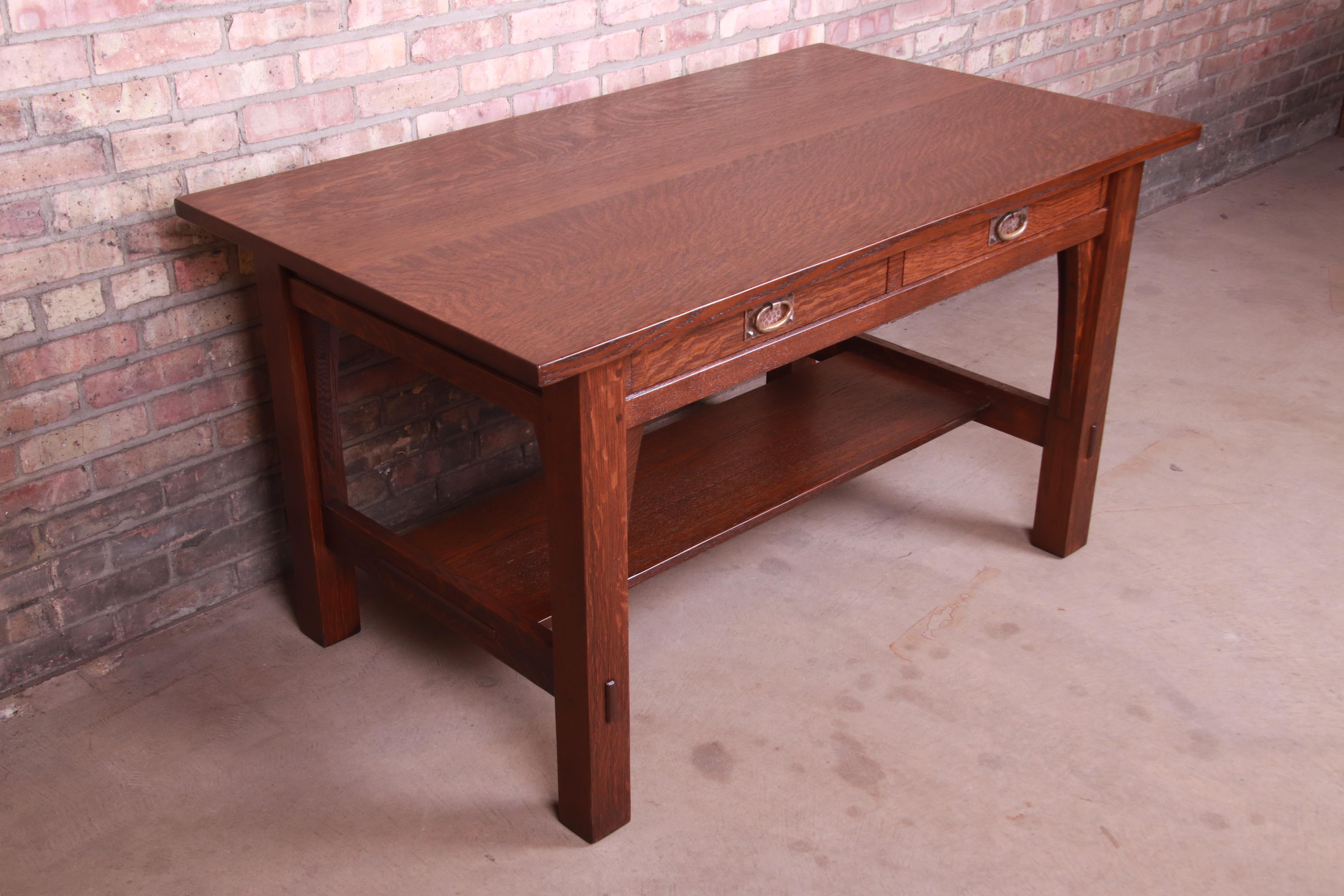 Signed Gustav Stickley Mission Oak Arts & Crafts Writing Desk or Library Table In Good Condition In South Bend, IN