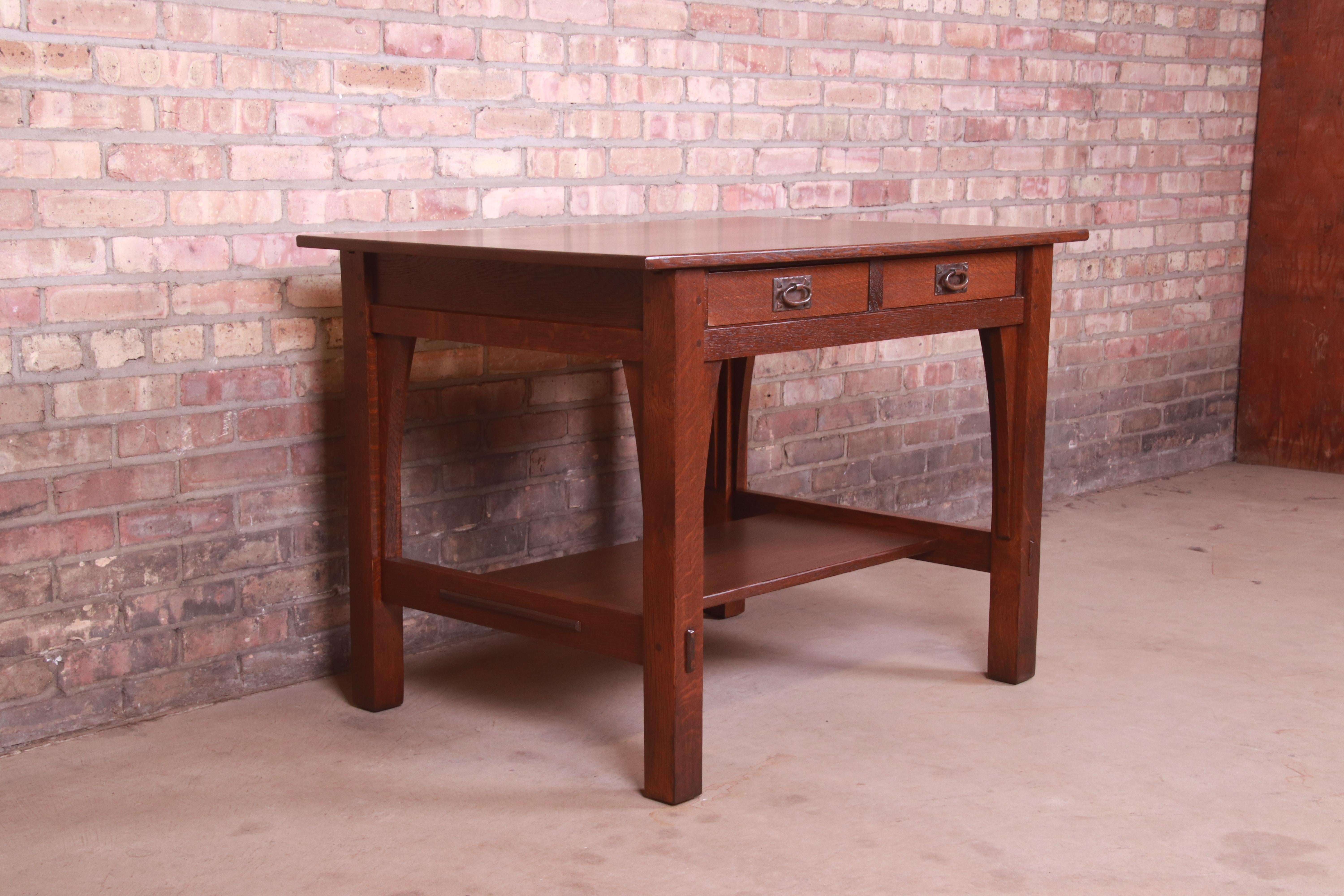 Signed Gustav Stickley Mission Oak Arts & Crafts Writing Desk or Library Table In Good Condition In South Bend, IN