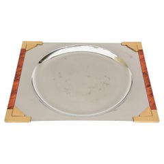 Signed Guy Degrenne Burled Wood, Gilt And Stainless Tray or Barware French 90's