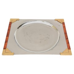 Signed Guy Degrenne Tray Burled Wood, Gilt, Stainless Steel Barware French 90's