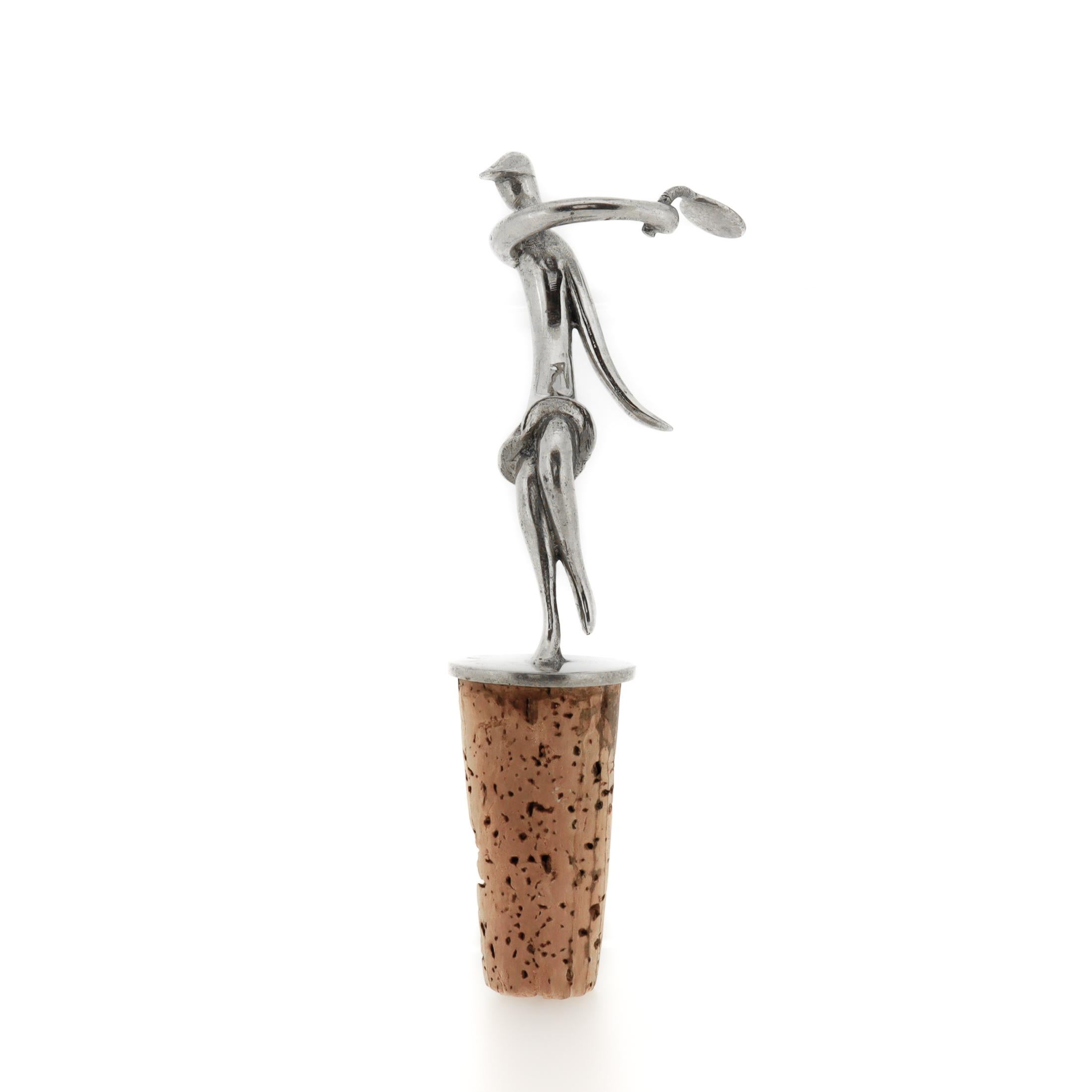 Signed Hagenauer Art Deco Chrome Plated Tennis Player Wine Cork / Bottle Stopper In Fair Condition For Sale In Philadelphia, PA