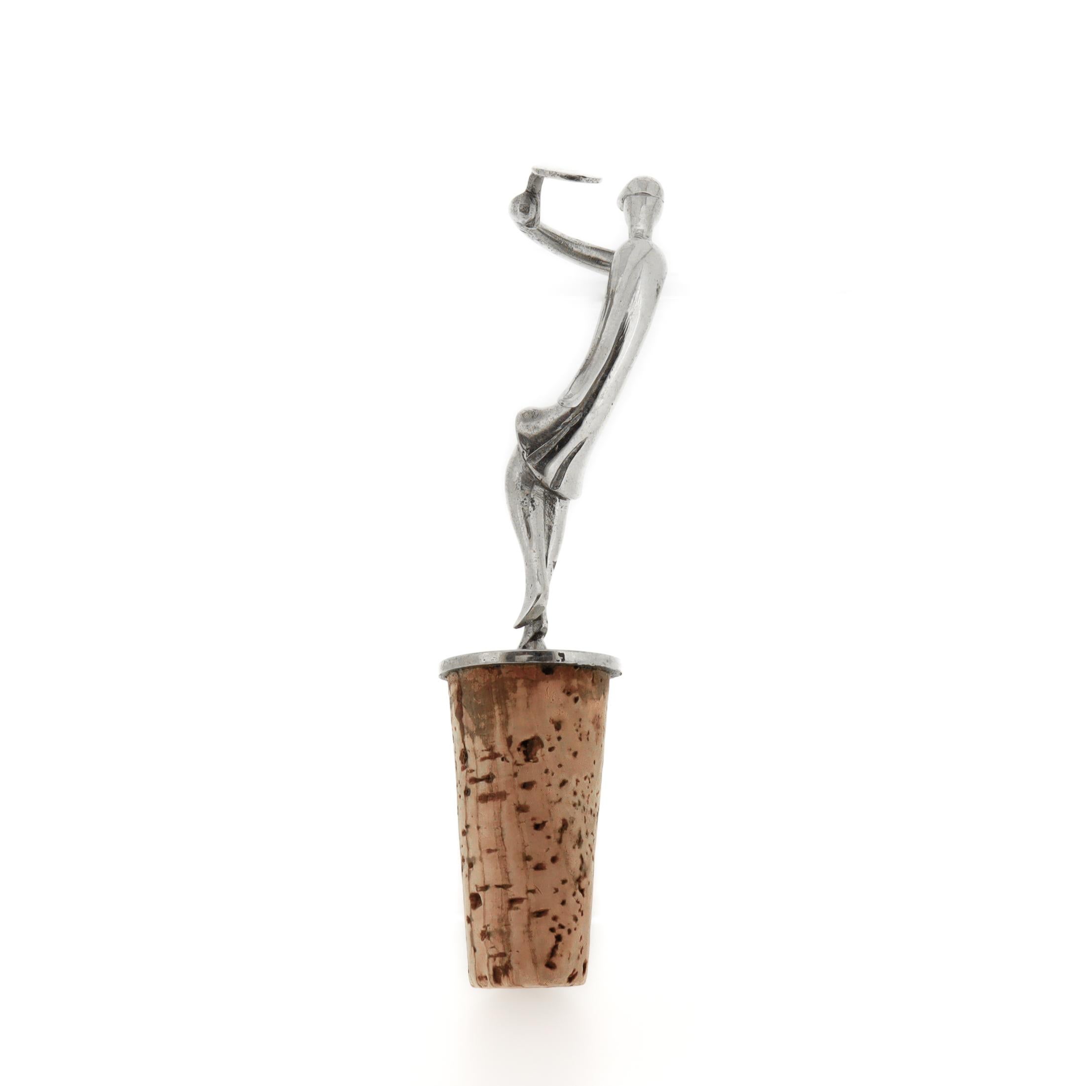 20th Century Signed Hagenauer Art Deco Chrome Plated Tennis Player Wine Cork / Bottle Stopper For Sale