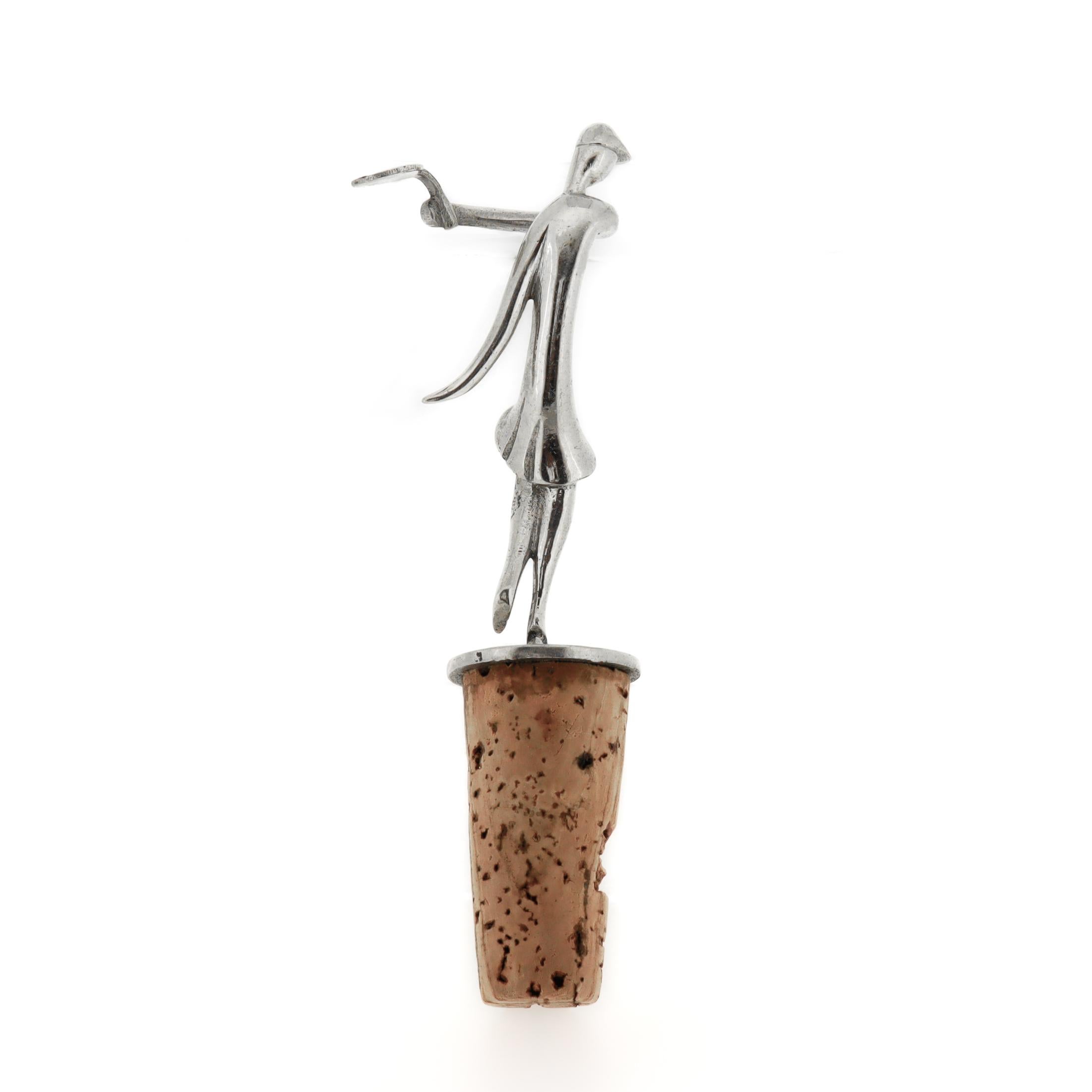 Metal Signed Hagenauer Art Deco Chrome Plated Tennis Player Wine Cork / Bottle Stopper For Sale