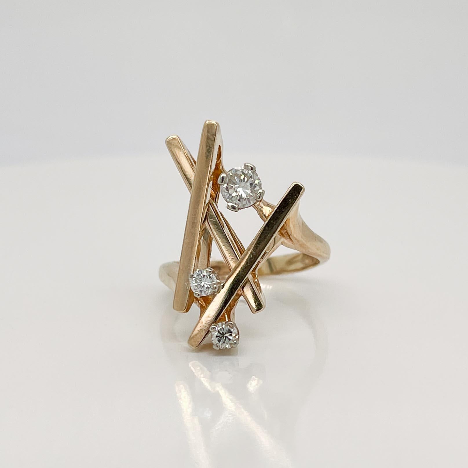 Signed Hammerman Bros Modernist 14 Karat Gold & Diamond Cocktail Ring  In Good Condition For Sale In Philadelphia, PA