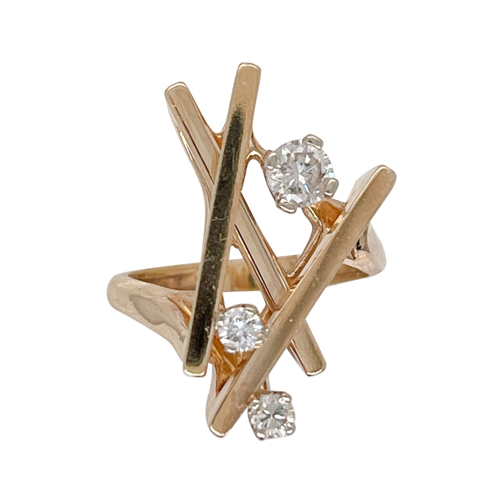 Signierter Hammerman Bros Modernistischer Cocktailring aus 14 Karat Gold und Diamanten, signiert