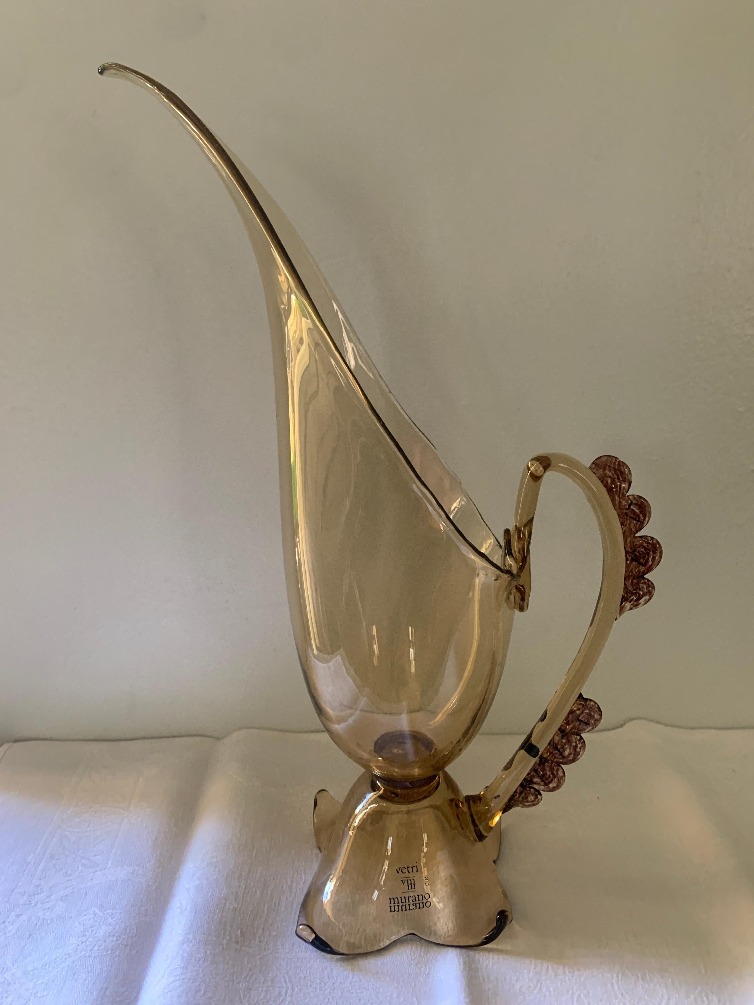Mid-Century Modern Signed Hand Blown Italian Vetri Murano Footed Pitcher with Glass Bead Details For Sale