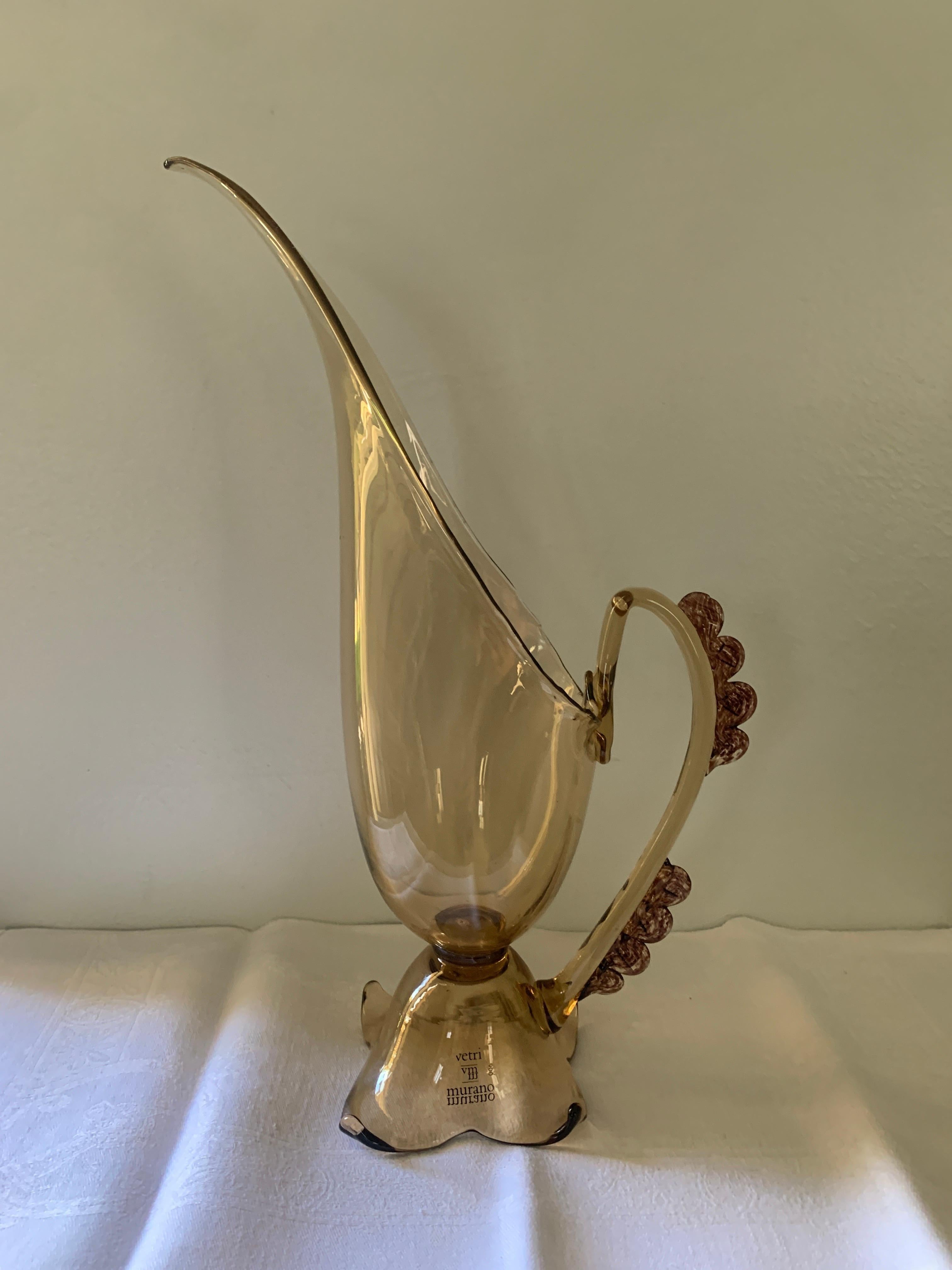 Hand-Crafted Signed Hand Blown Italian Vetri Murano Footed Pitcher with Glass Bead Details For Sale