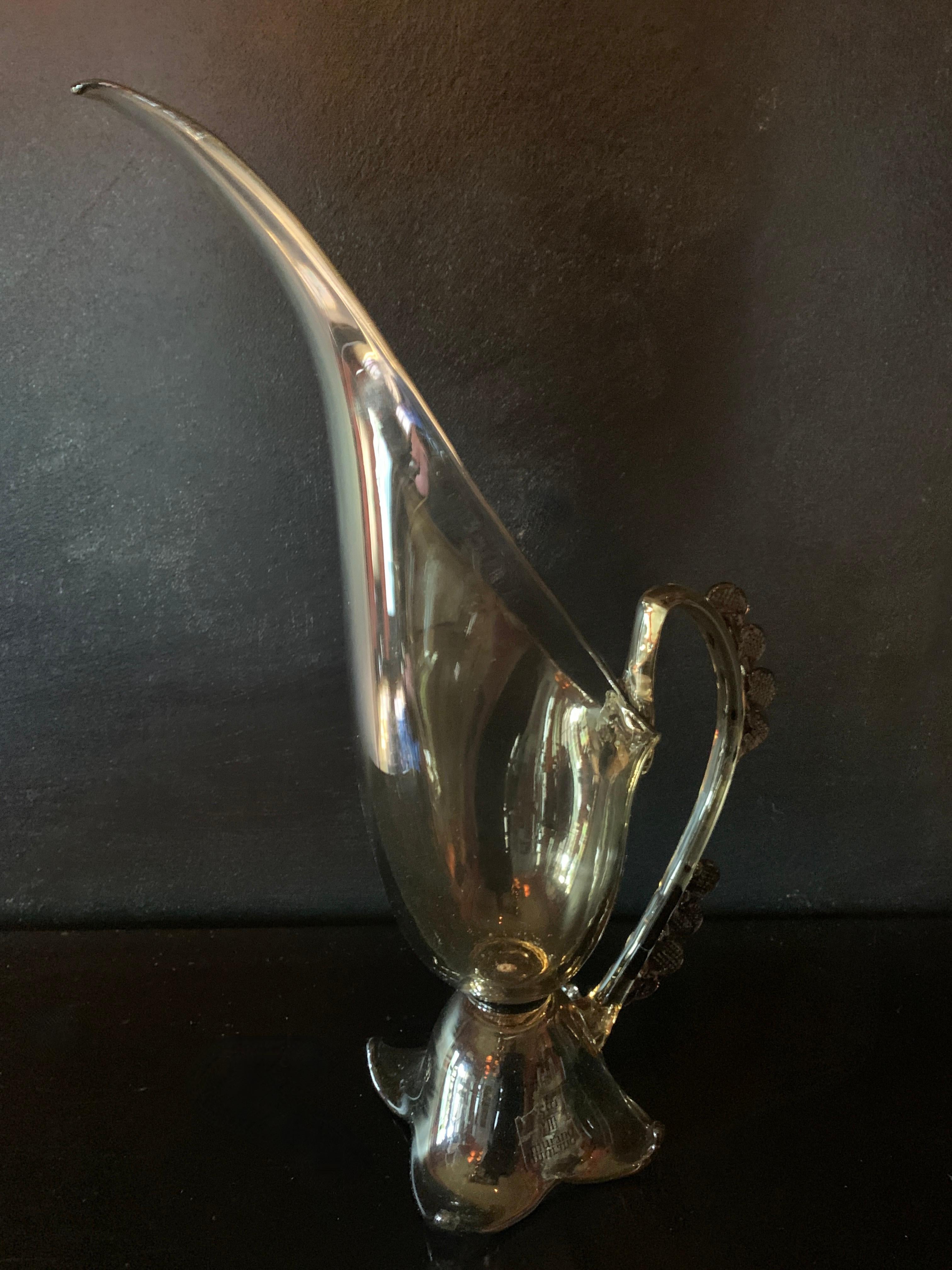 Blown Glass Signed Hand Blown Italian Vetri Murano Footed Pitcher with Glass Bead Details For Sale