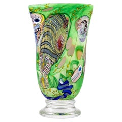 Vaso d’arte in vetro soffiato a mano, firmato, con murrina e avventurina dorata, risalente a circa