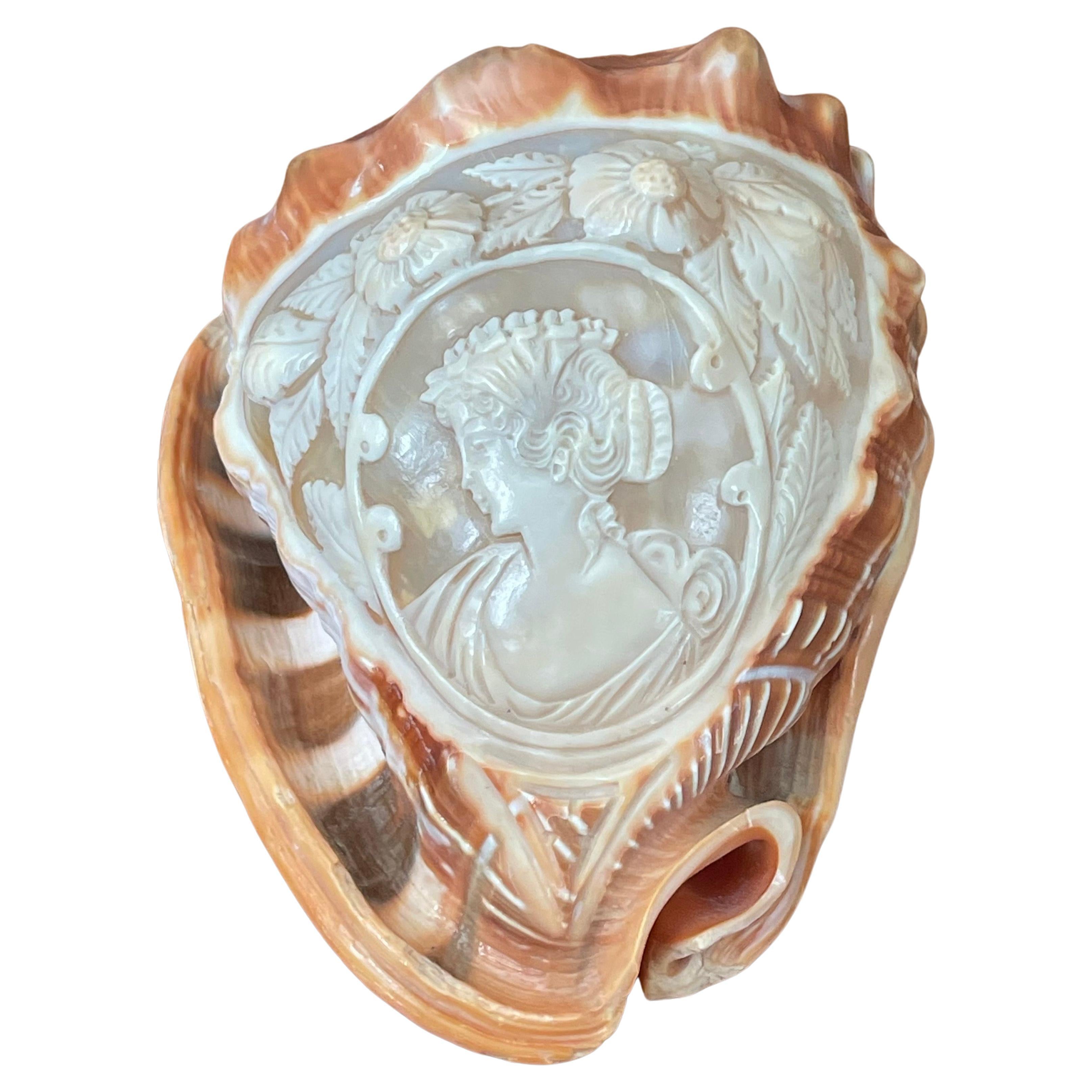 Signed Hand Carved Cameo on Conch Shell For Sale