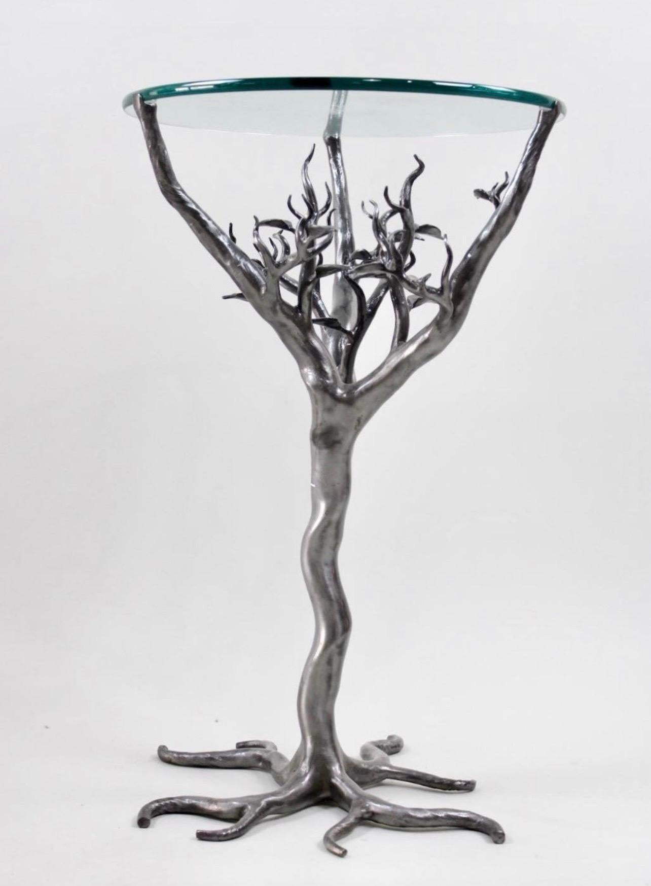 Italian Signed Hand Forged Iron Sculptural Tree Branch Glass Top Table For Sale