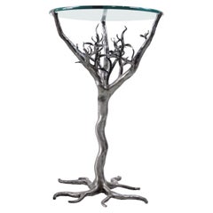 Table sculpturale en fer forgé signée Branche d'arbre avec plateau en verre