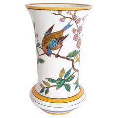 Signed Hand-Painted Ceramic Vase with Coloured Birds on Branches