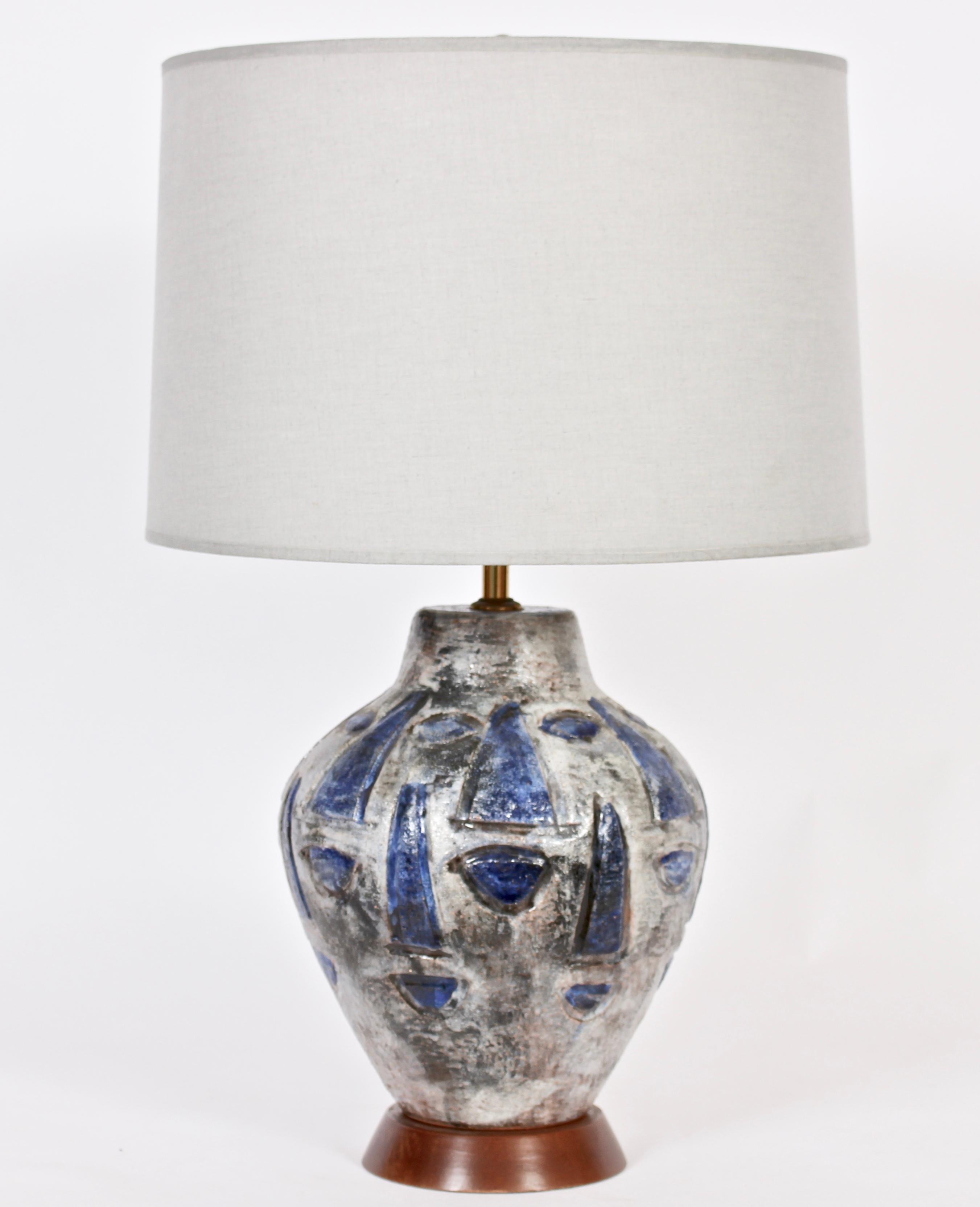 Signed Hand Painted Swiss Art Pottery Lamp in Blue and Gray 2