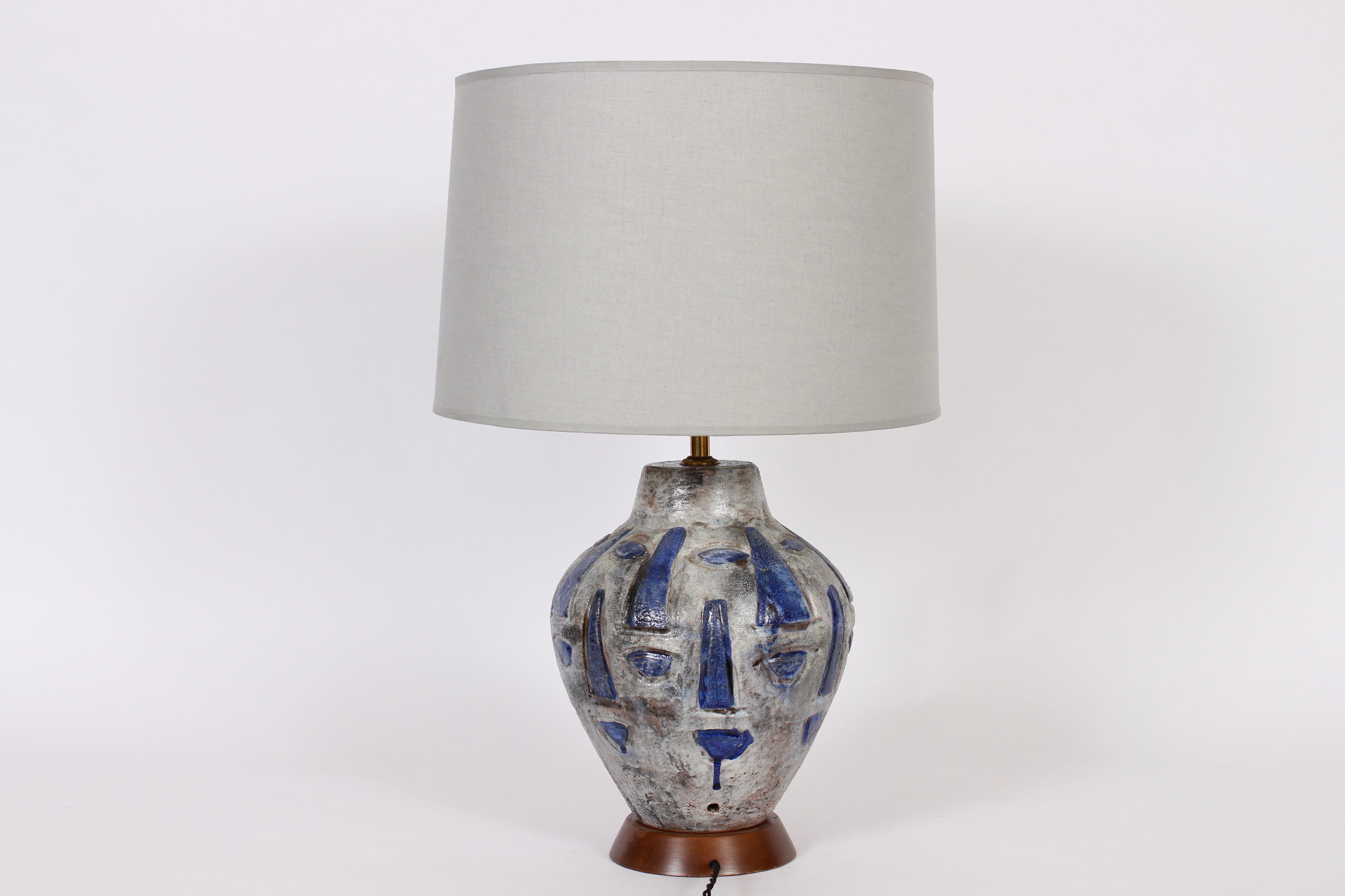 Scandinavian Modern Signed Hand Painted Swiss Art Pottery Lamp in Blue and Gray