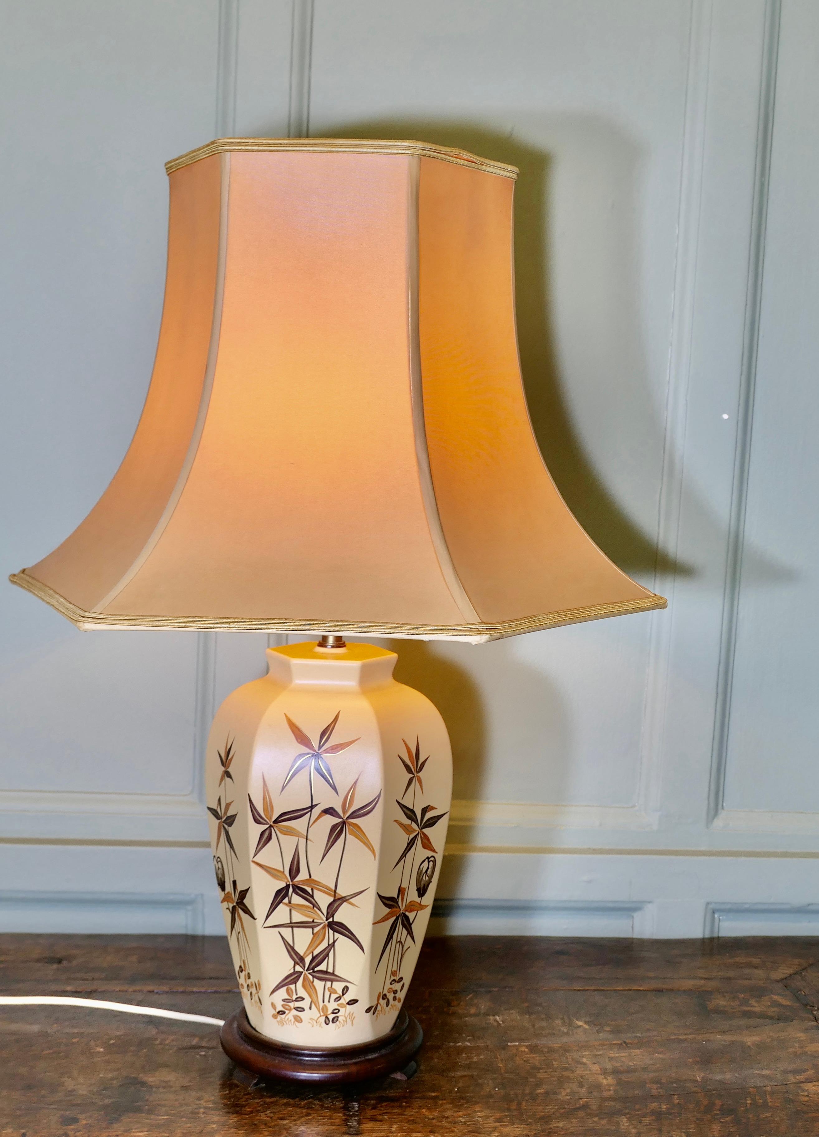 
Lampe vase peinte à la main, de style japonais 

Monogramme de l'artiste peint à la main sur un vase à 6 côtés en forme de pot de gingembre. 
La lampe est en bon état, fonctionne et est livrée avec son abat-jour assorti.
La lampe mesure 26,5