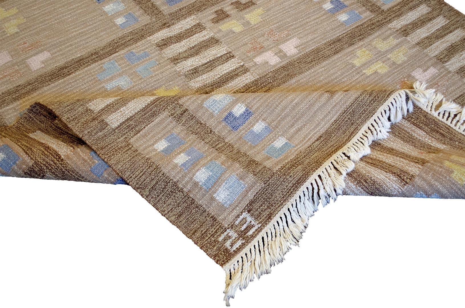 Hand-Woven Signed Handwoven Vintage Midcentury Swedish Flat-Weave Rug For Sale