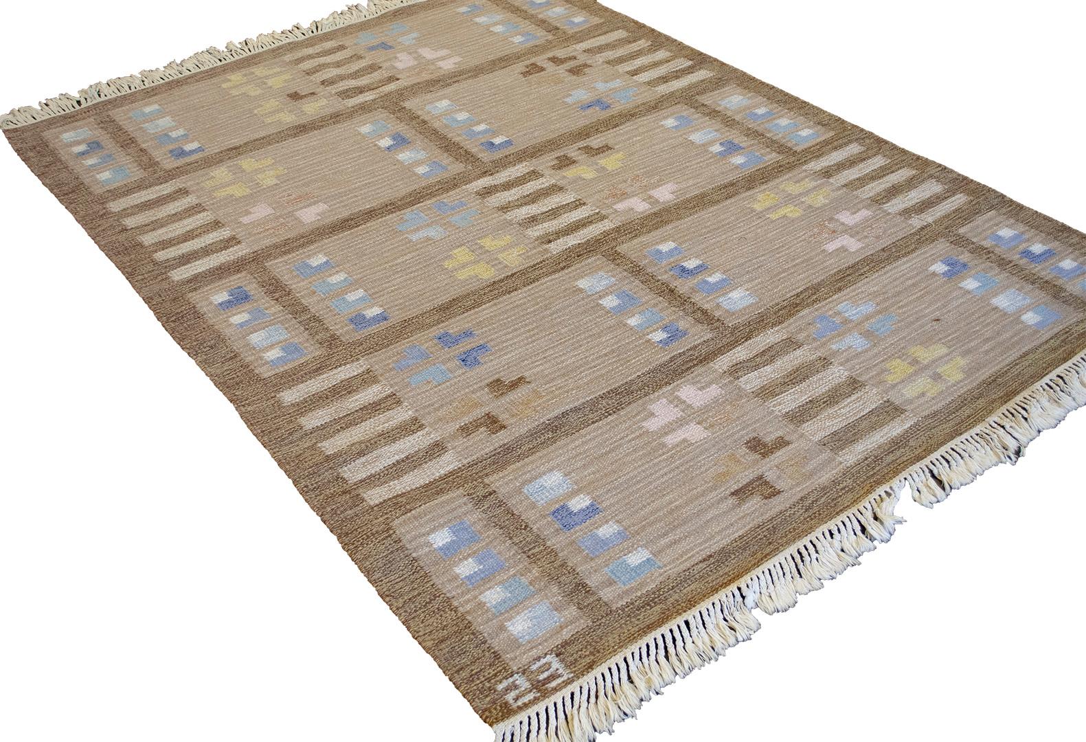 Signed Handwoven Vintage Midcentury Swedish Flat-Weave Rug In Excellent Condition For Sale In West Hollywood, CA