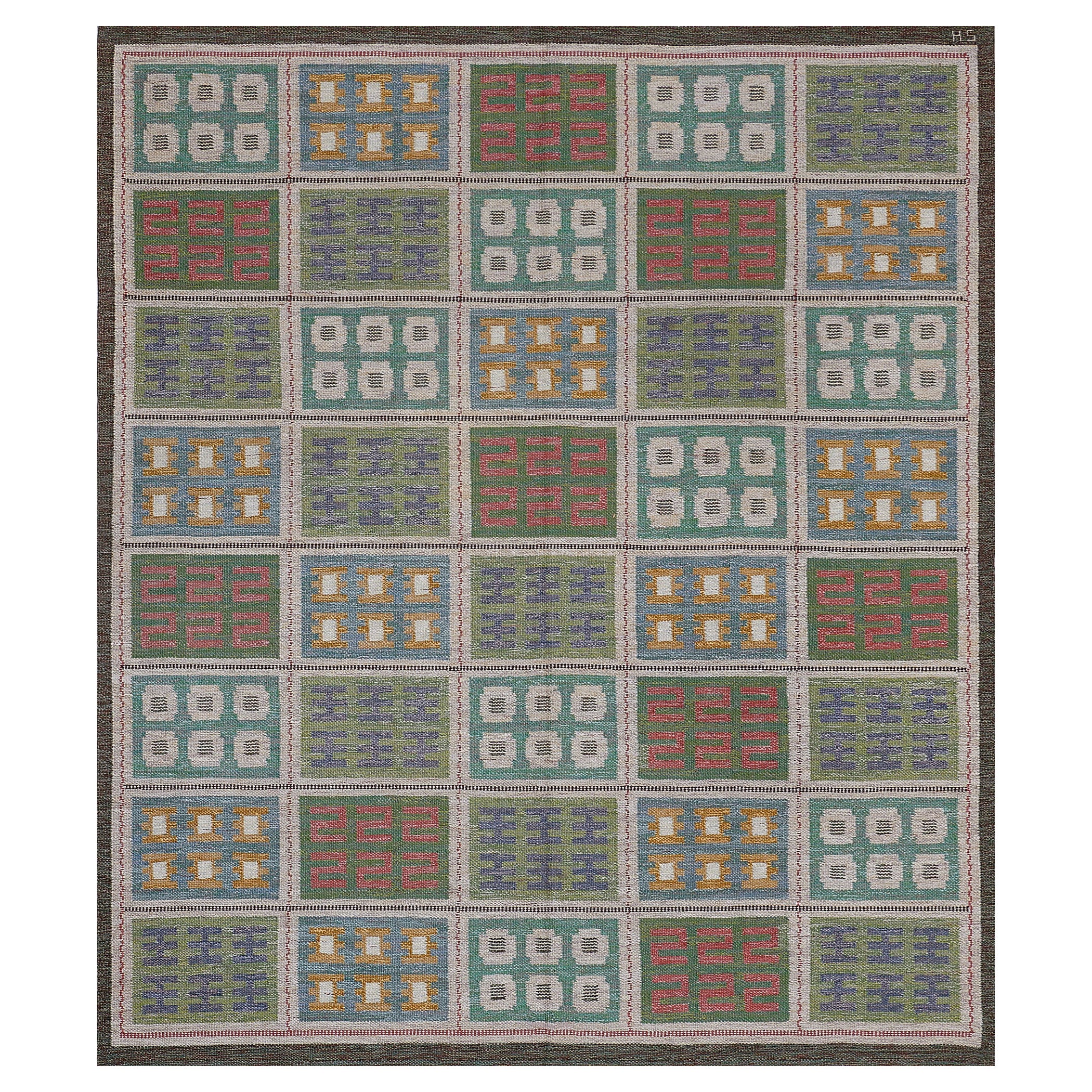 Signiertes handgewebtes, mehrfarbiges, schwedisches Flachgewebe aus Wolle, Vintage im Angebot