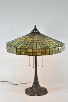 Signed Handel Leaded Glass Lamp with Peacock Base Shade
