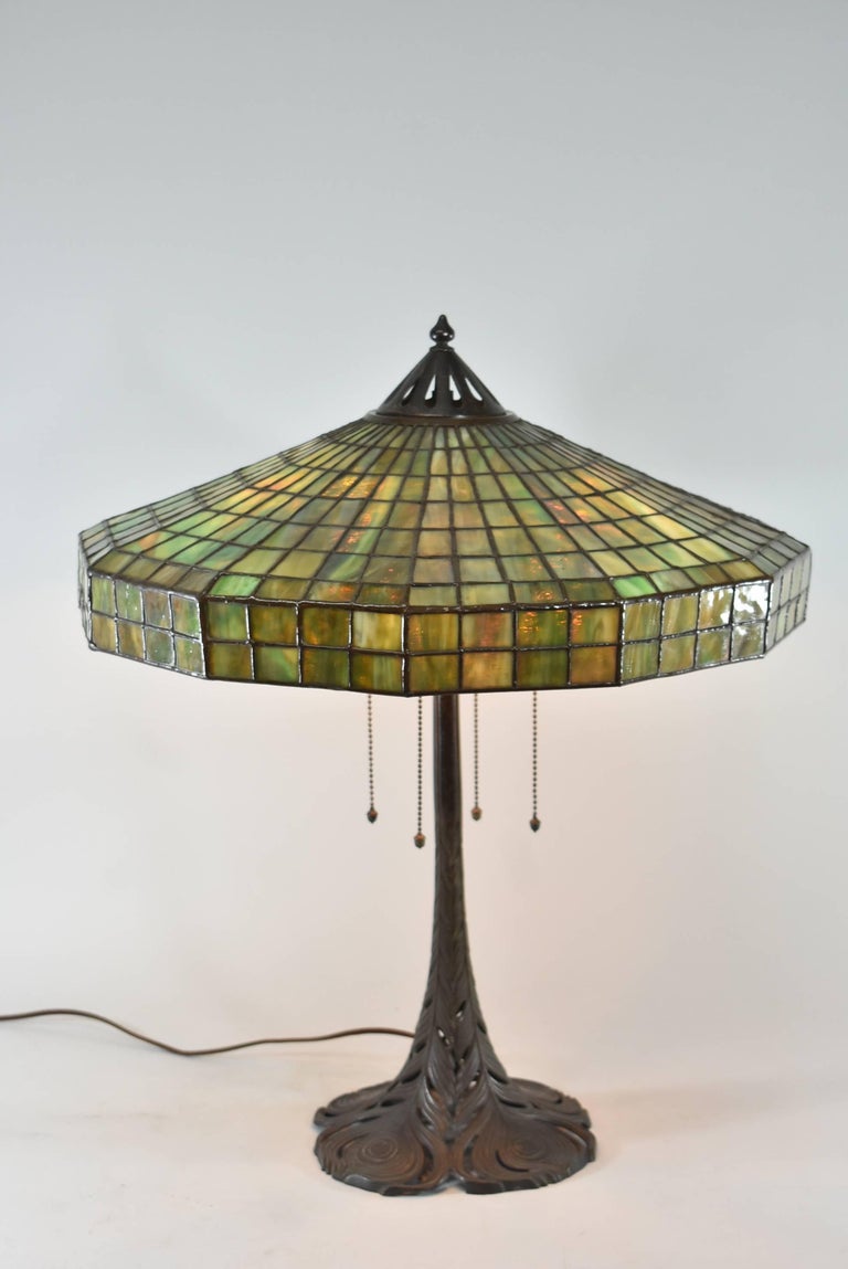 Signed Handel Leaded Glass Lamp with Peacock Base Shade at 1stDibs