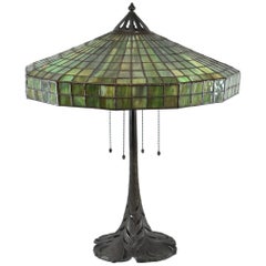 Signed Handel Leaded Glass Lamp with Peacock Base Shade