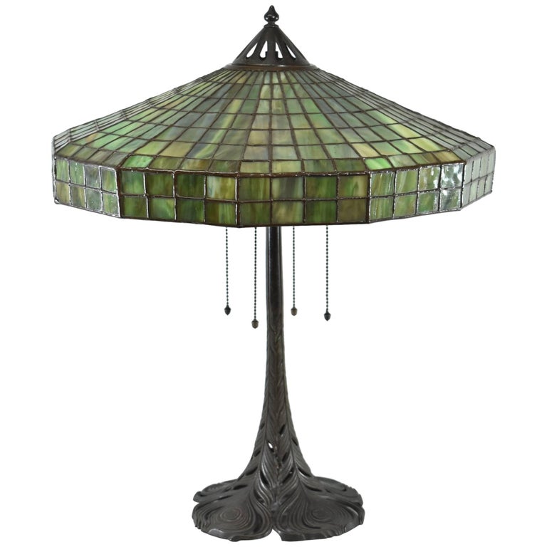 Signed Handel Leaded Glass Lamp with Peacock Base Shade at 1stDibs