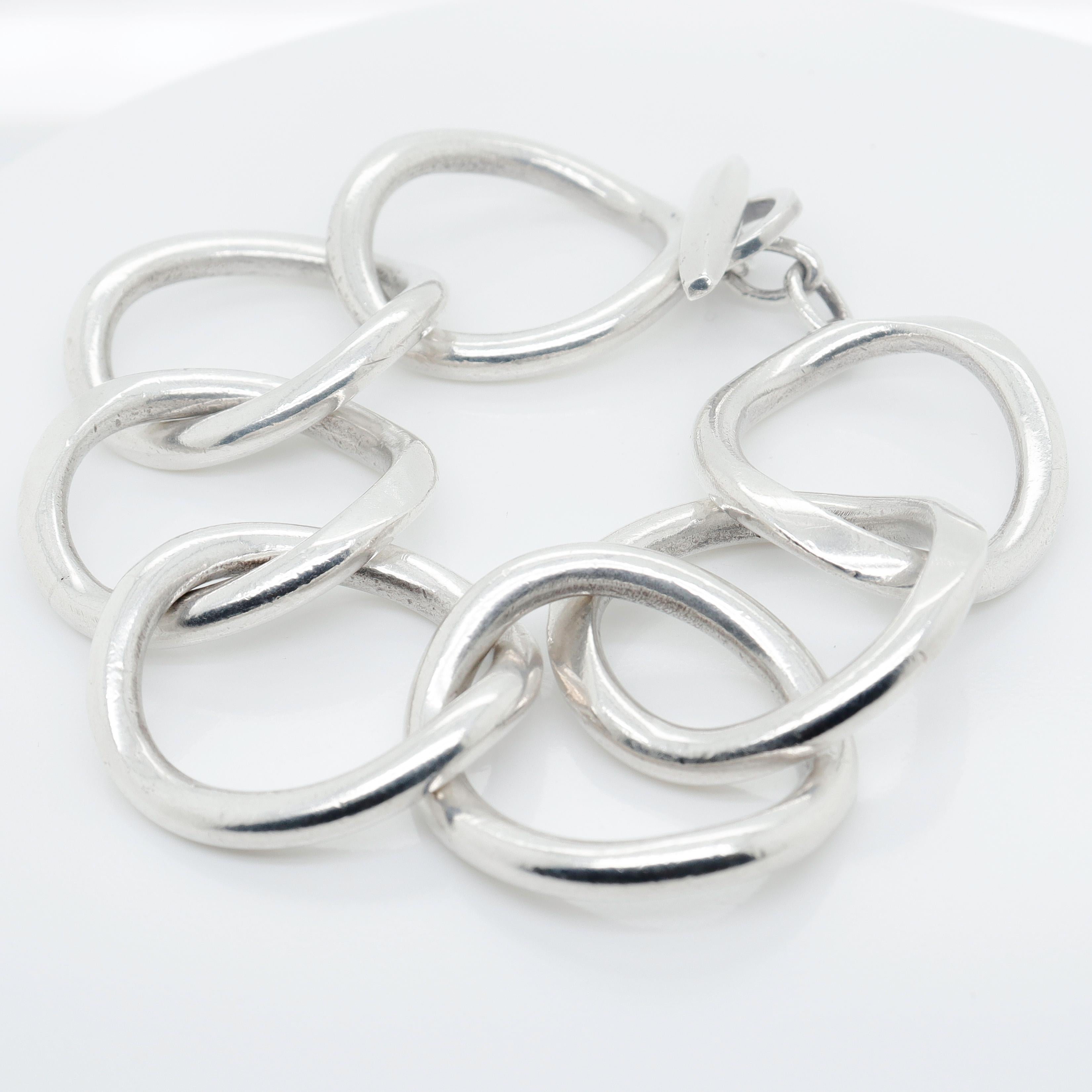 Modernist Signed Handmade Danish Modern Sterling Silver Large Link Bracelet by Randers For Sale