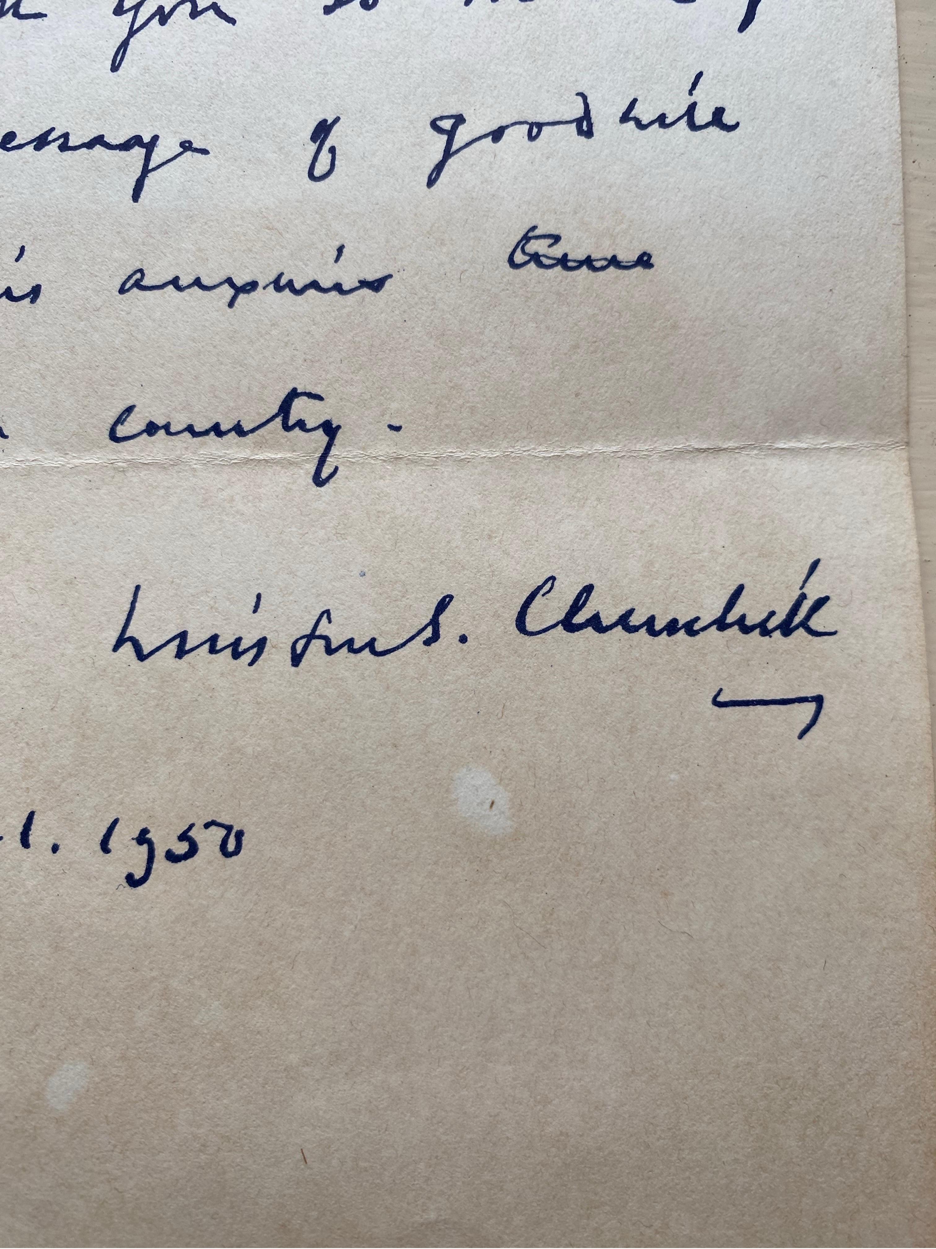 A rare letter signed by Winston Churchill dated March 1950. 

The letter reads:

“Thank you so much for your message of goodwill at this anxious time for our country.”

This letter is no doubt in response to correspondence referring to the general